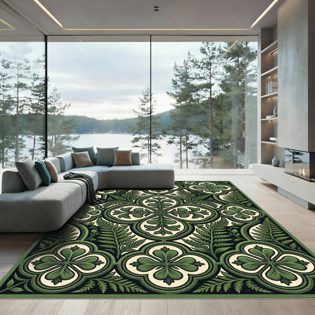 Green Botanical Quatrefoil Fern Tile Rug