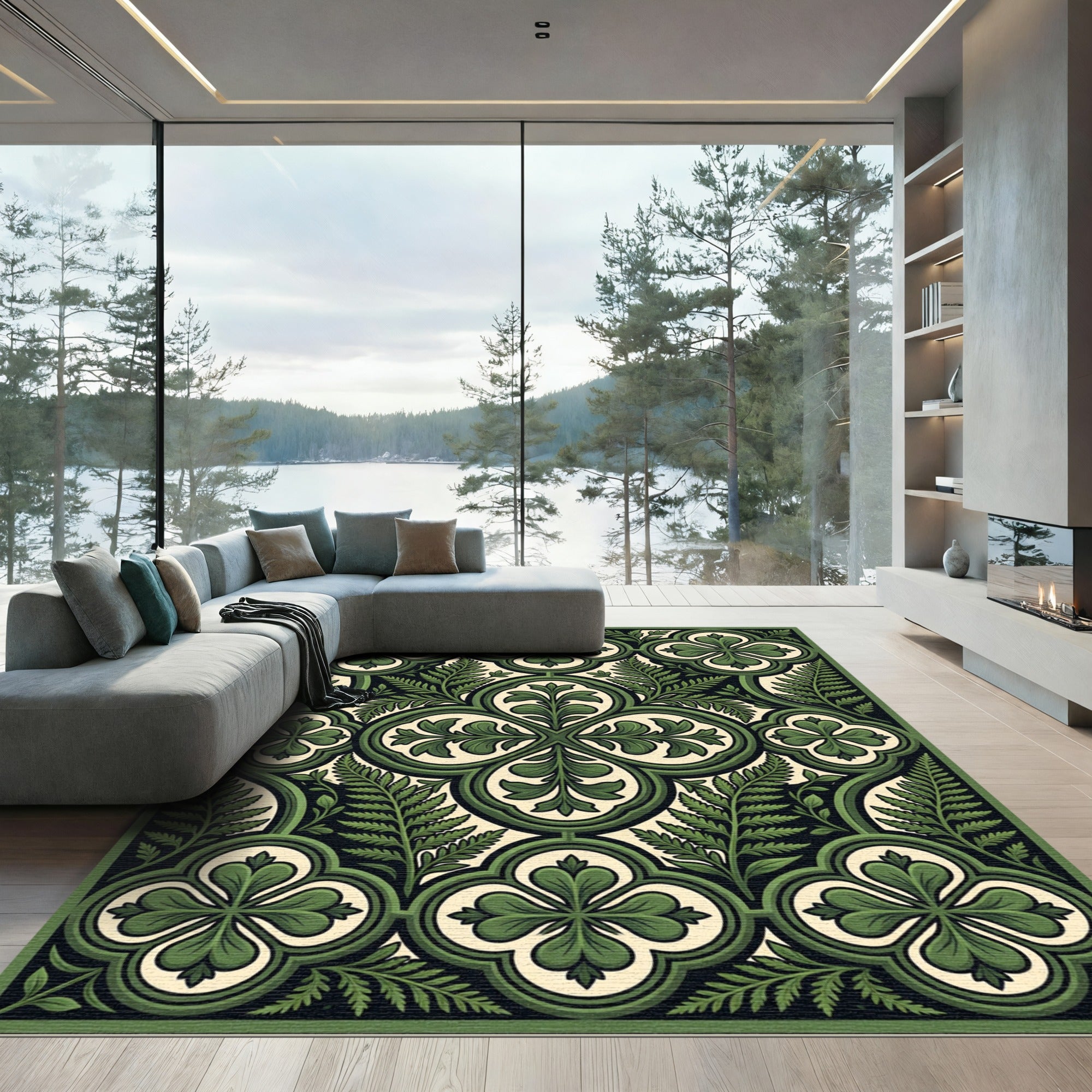 Green Botanical Quatrefoil Fern Tile Rug