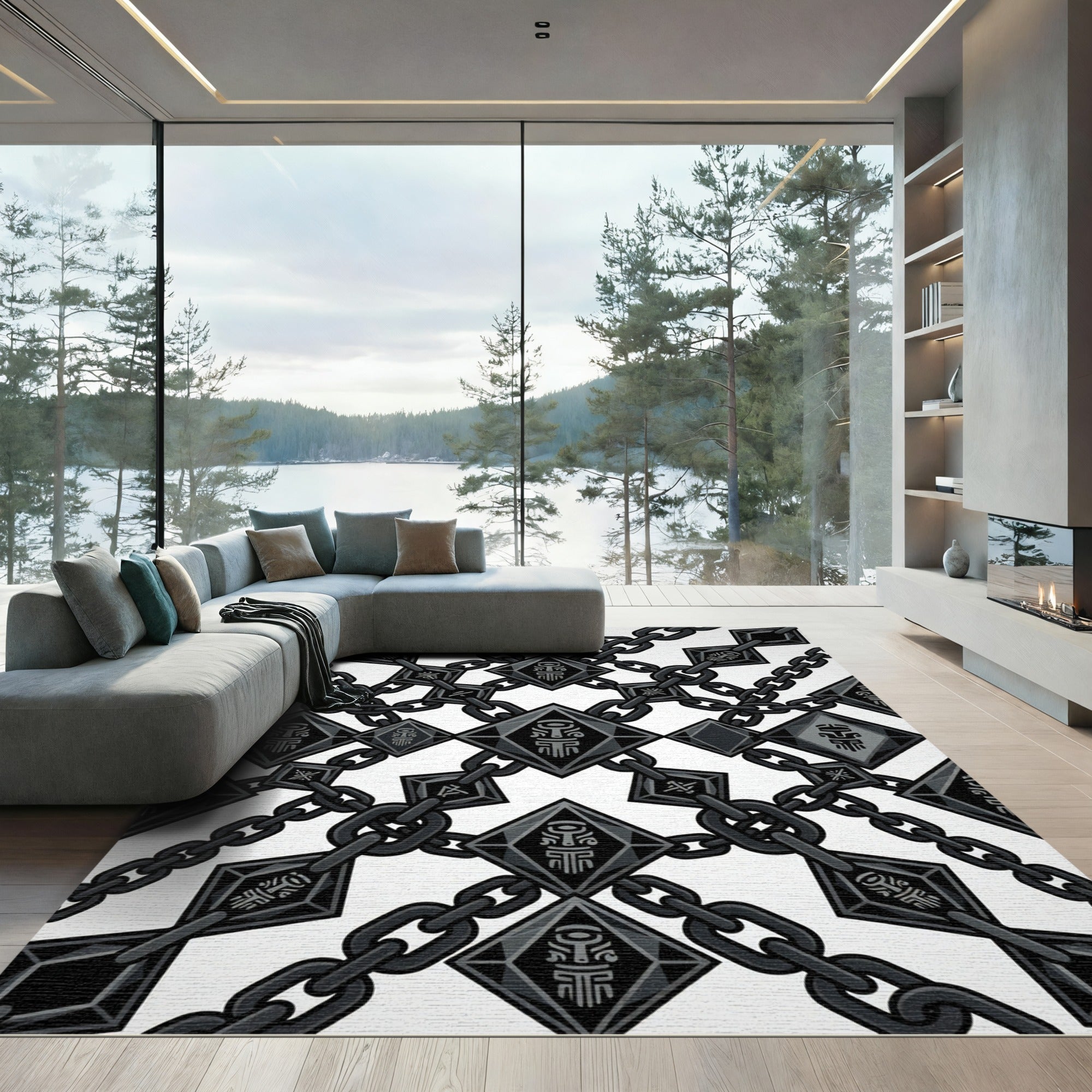 Monochrome Tribal Diamond Link Geometric Rug