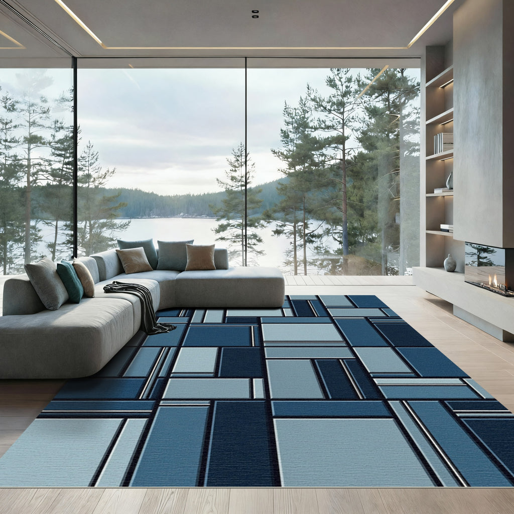 Modern Geometric Blue Tonal Block Grid Rug
