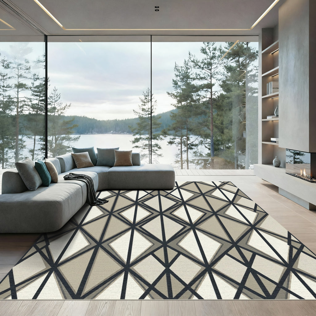 Modern Neutral Geometric Diamond Grid Rug
