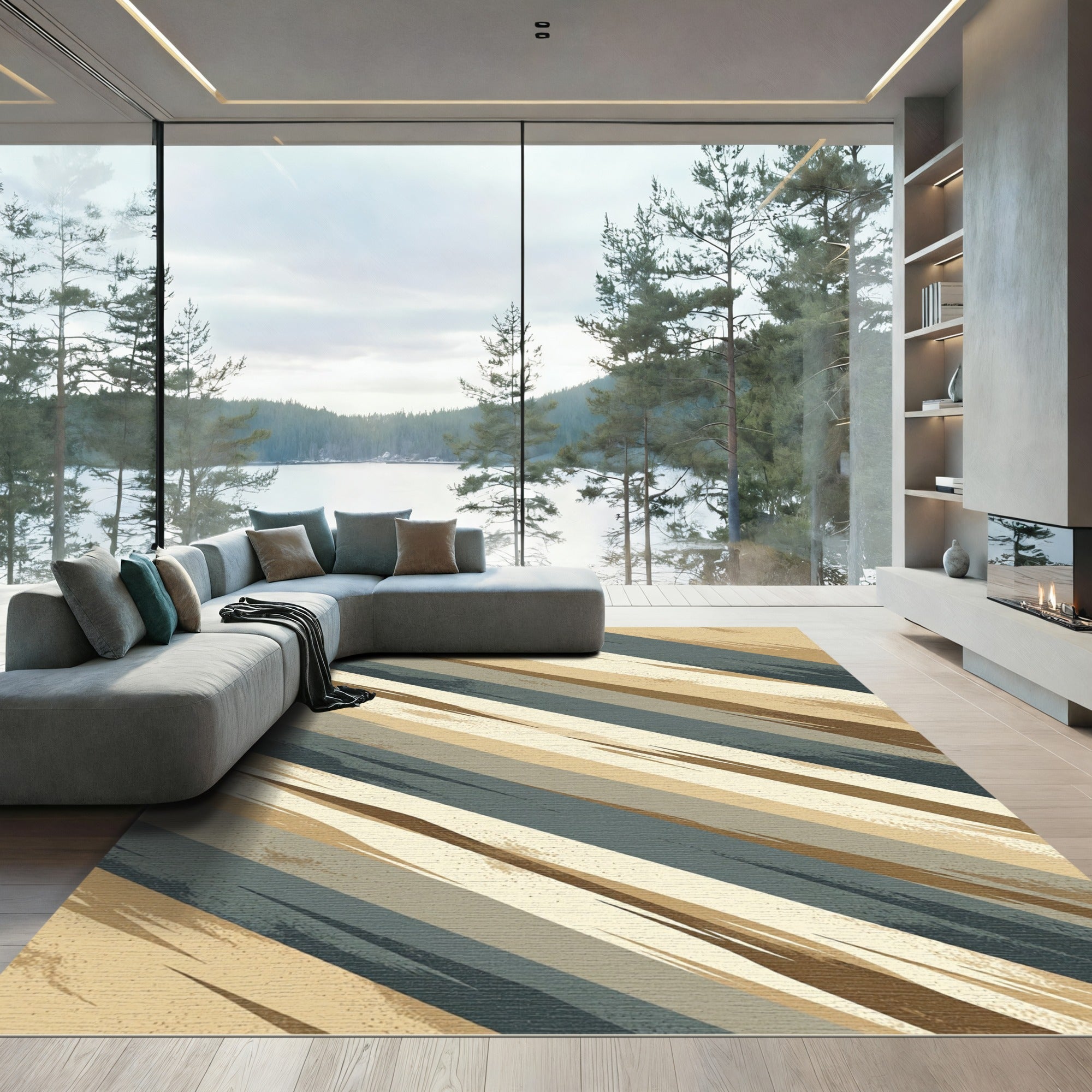 Neutral Earthy Tones Diagonal Abstract Stripe Rug