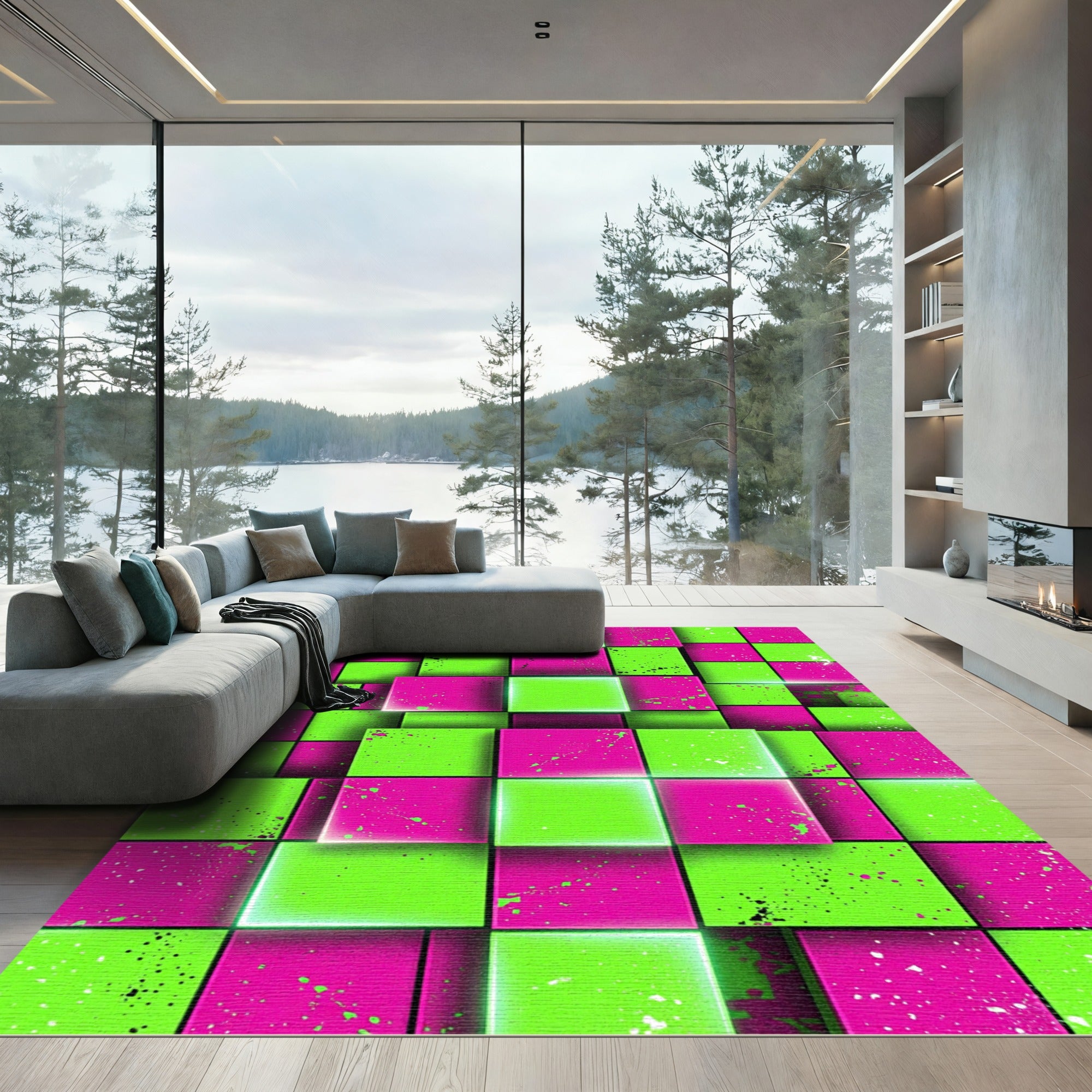 Neon Lime and Fuchsia Geometric Block Rug