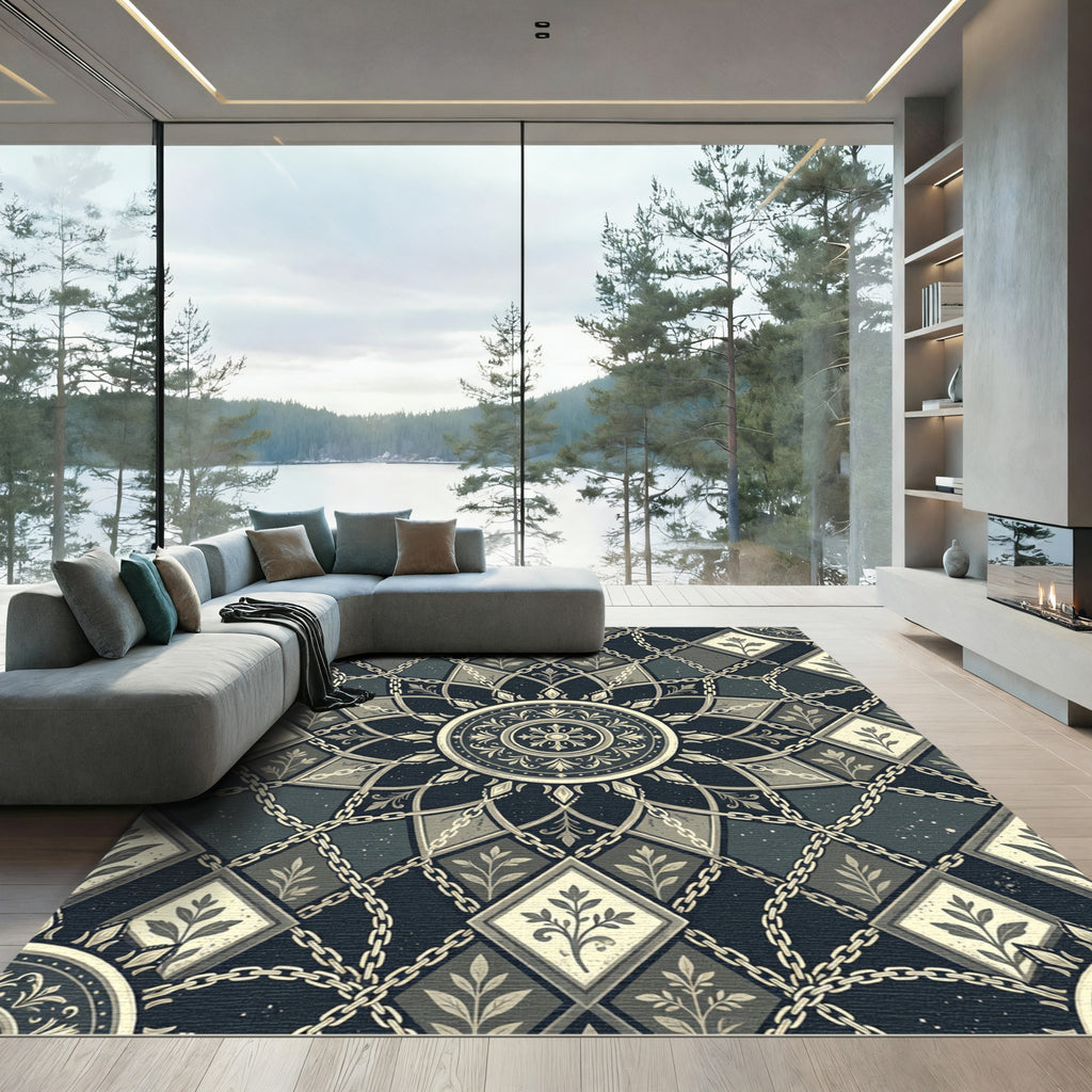 Dark Gray Chain Medallion Floral Diamonds Rug