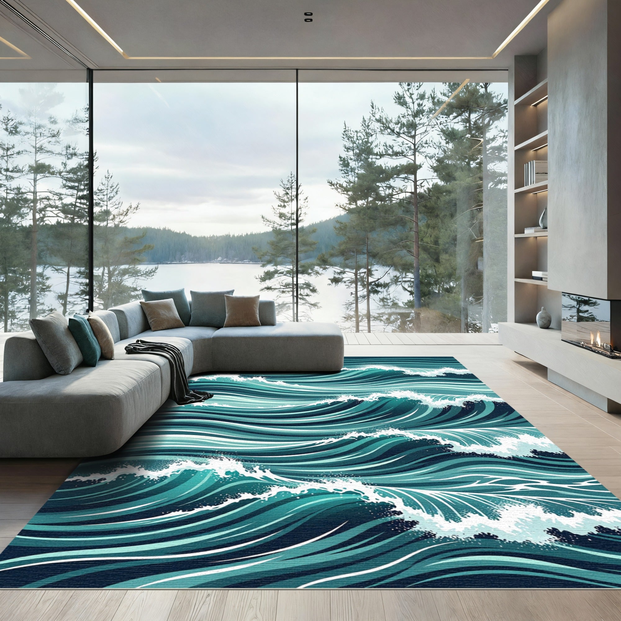 Dynamic Teal Ocean Wave Illustration Rug