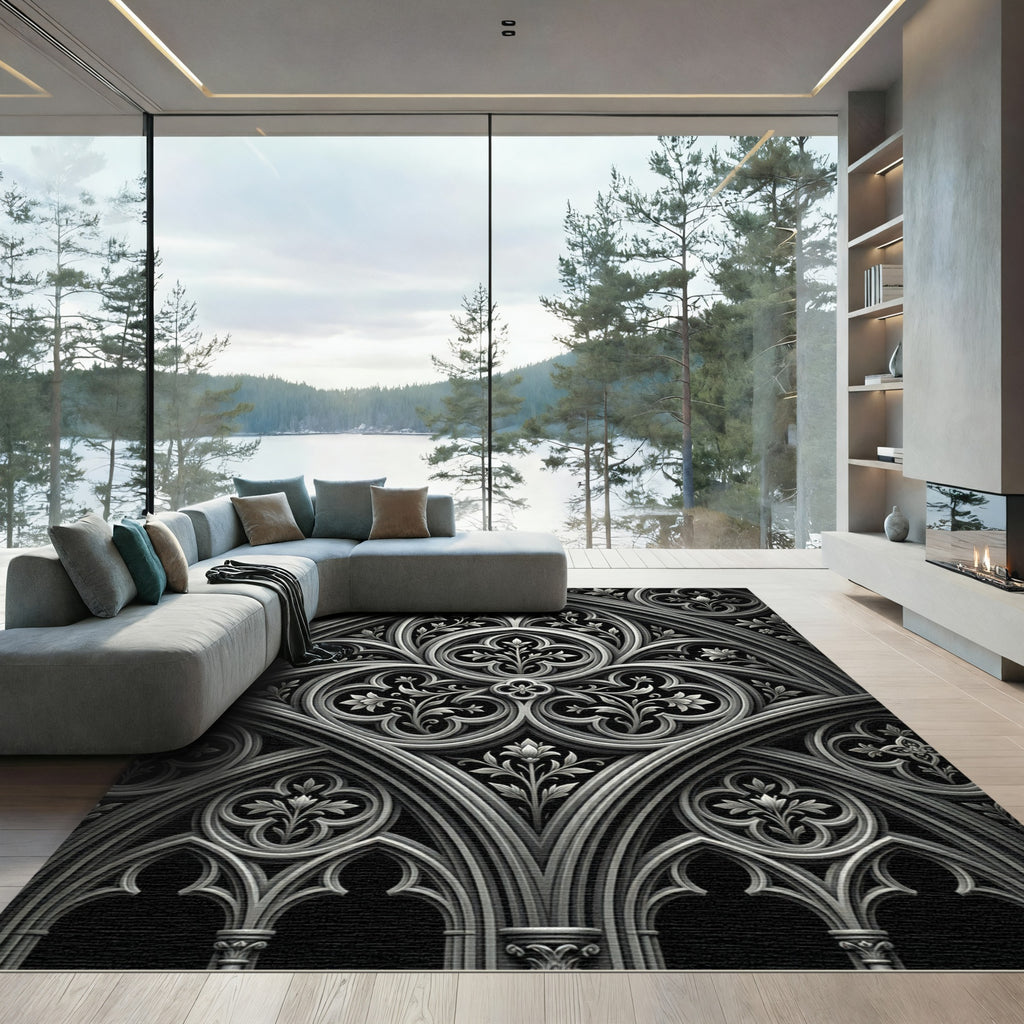Gothic Monochrome Floral Archway Relief Rug