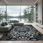 Monochrome Floral Sunburst Scroll Rug