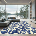Deep Blue Floral Vine Swirl Rug