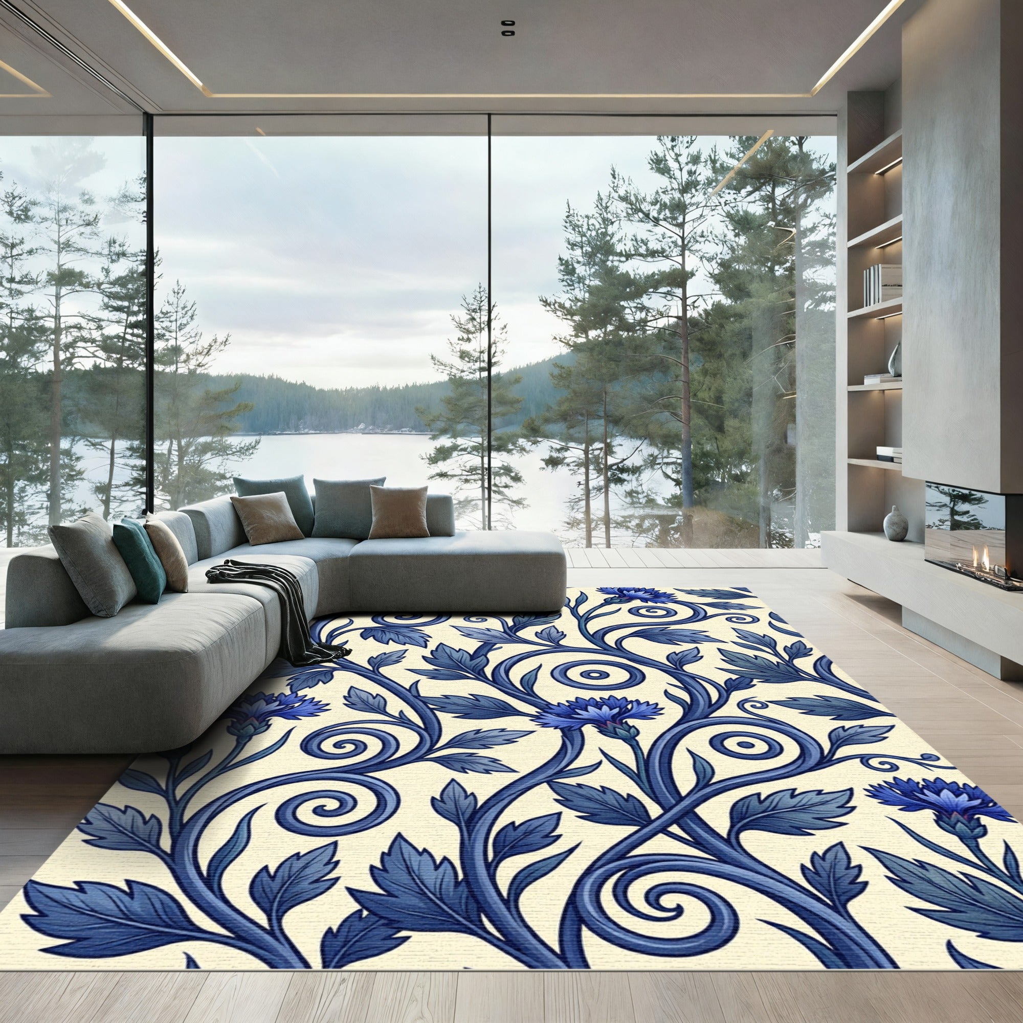 Deep Blue Floral Vine Swirl Rug