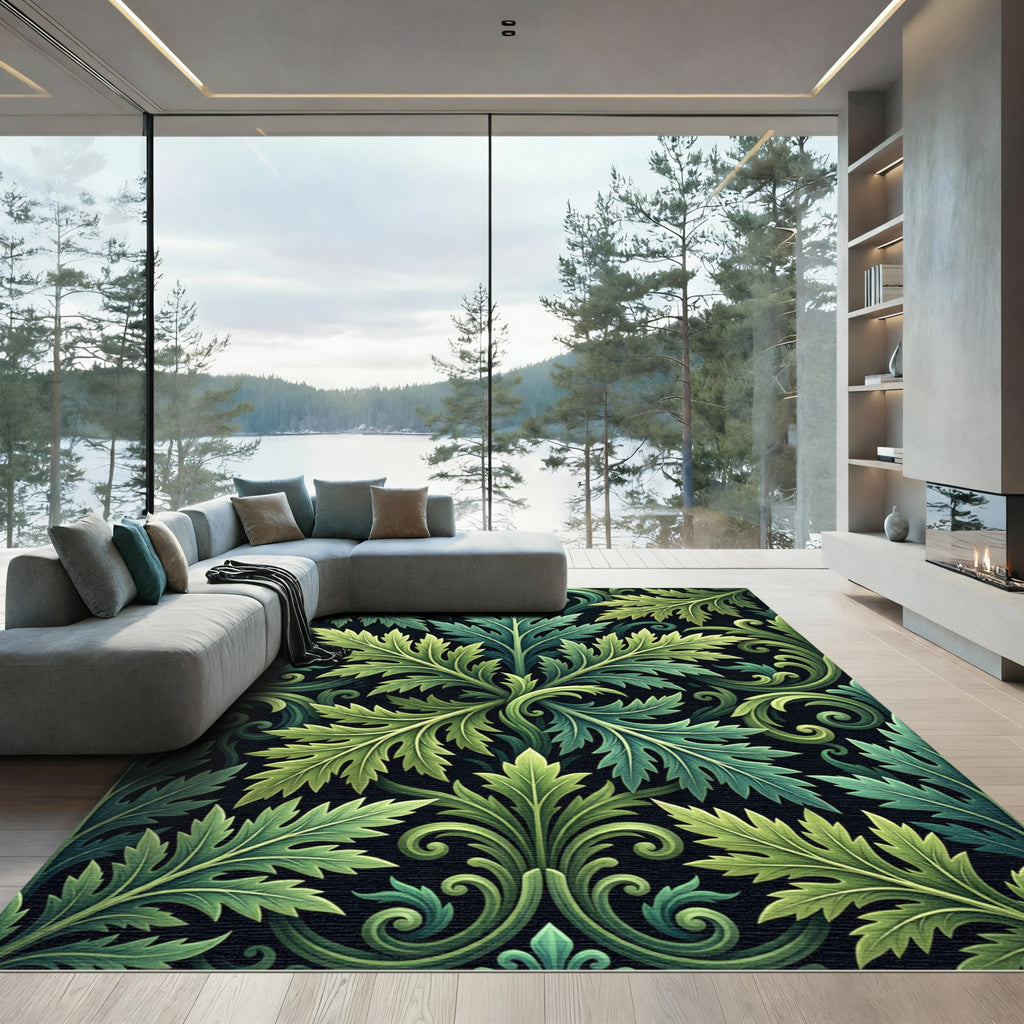 Emerald Botanical Scroll Leaf Art Rug