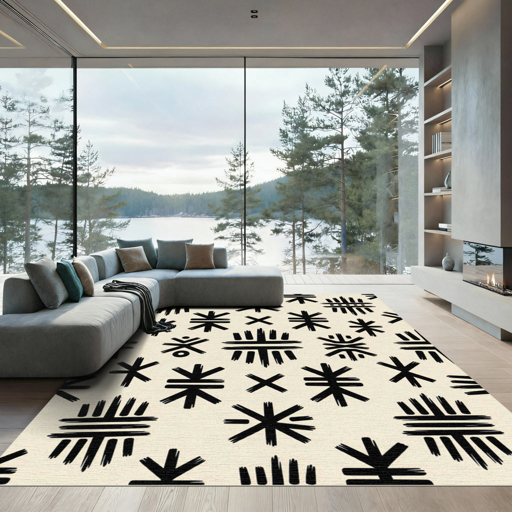 Minimalist Cream Black Abstract Tribal Symbol Rug