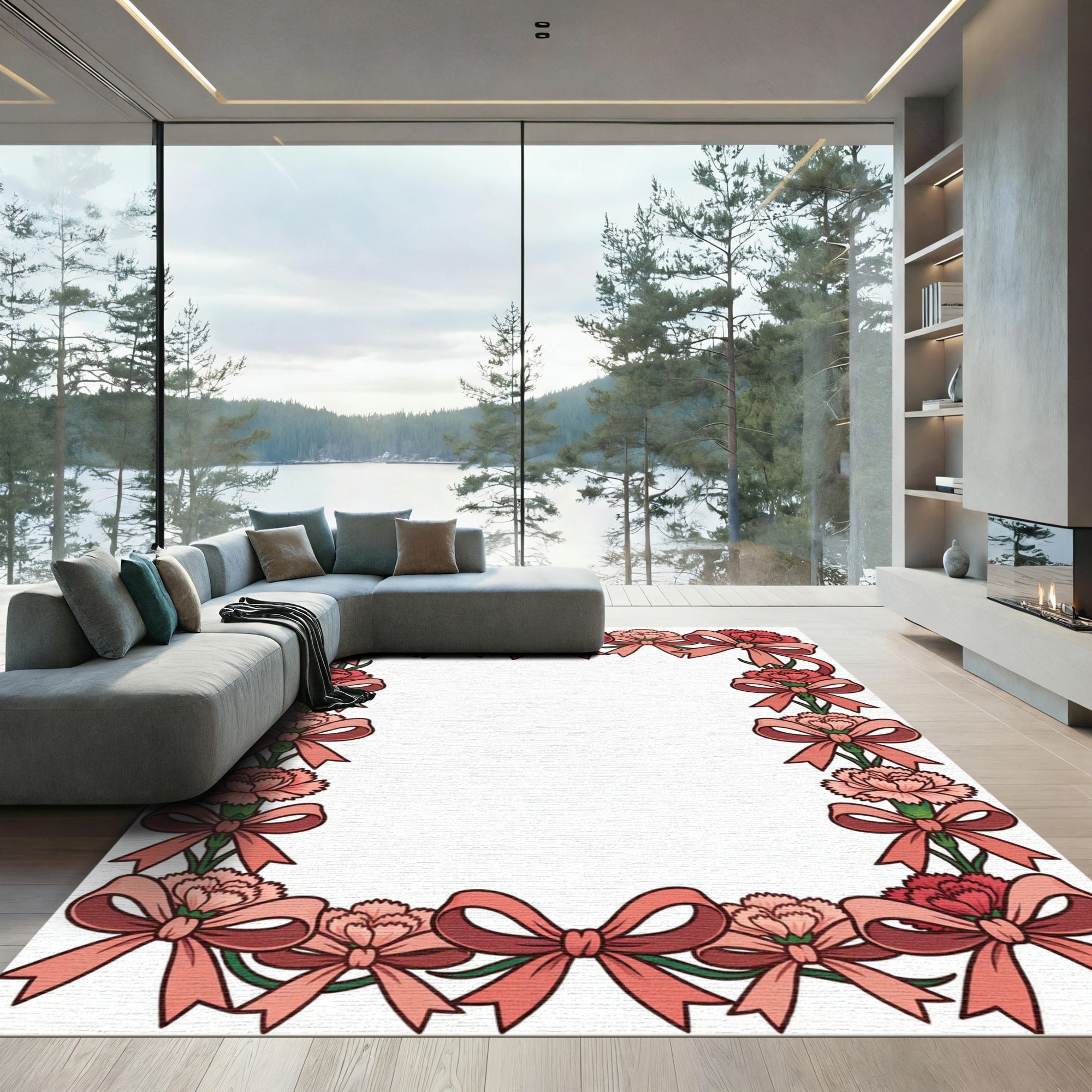 Pink Carnation Floral Bow Border Rug