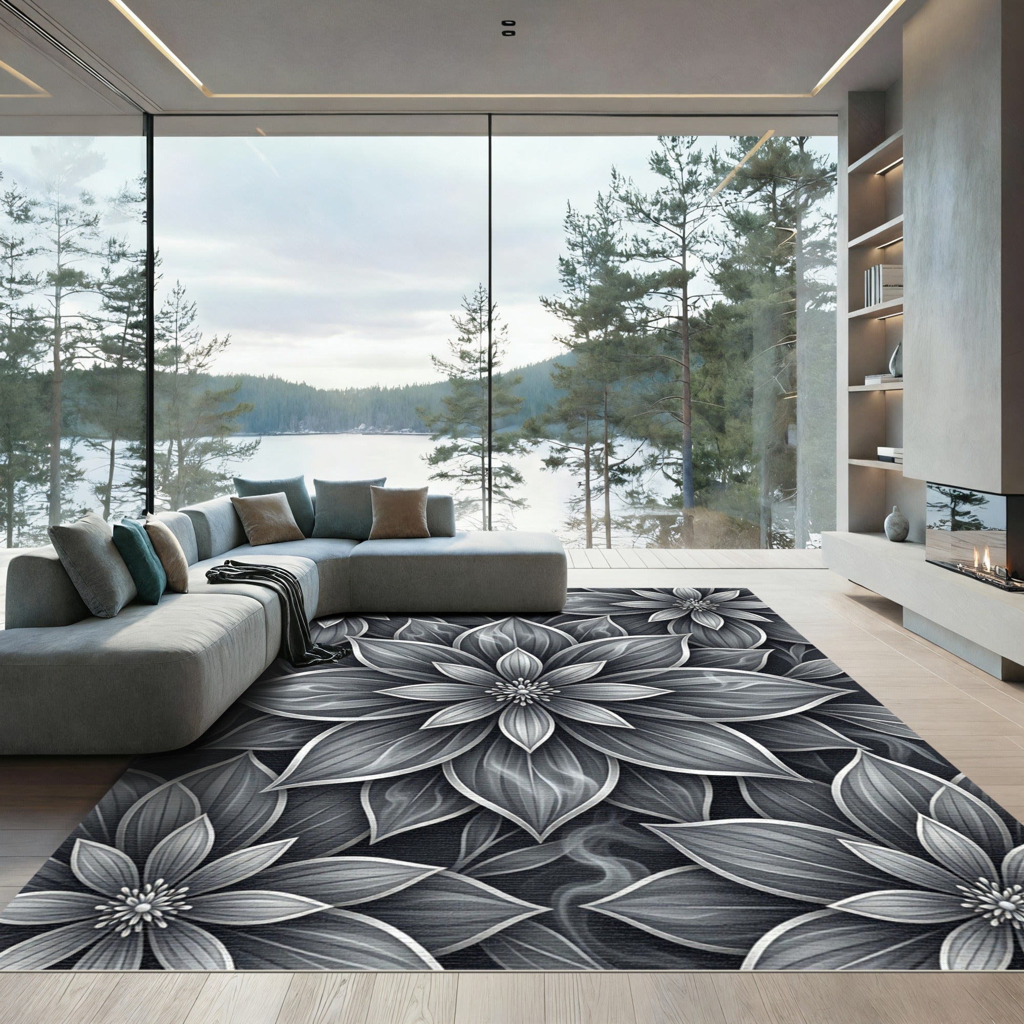 Elegant Monochrome Botanical Floral Art Rug
