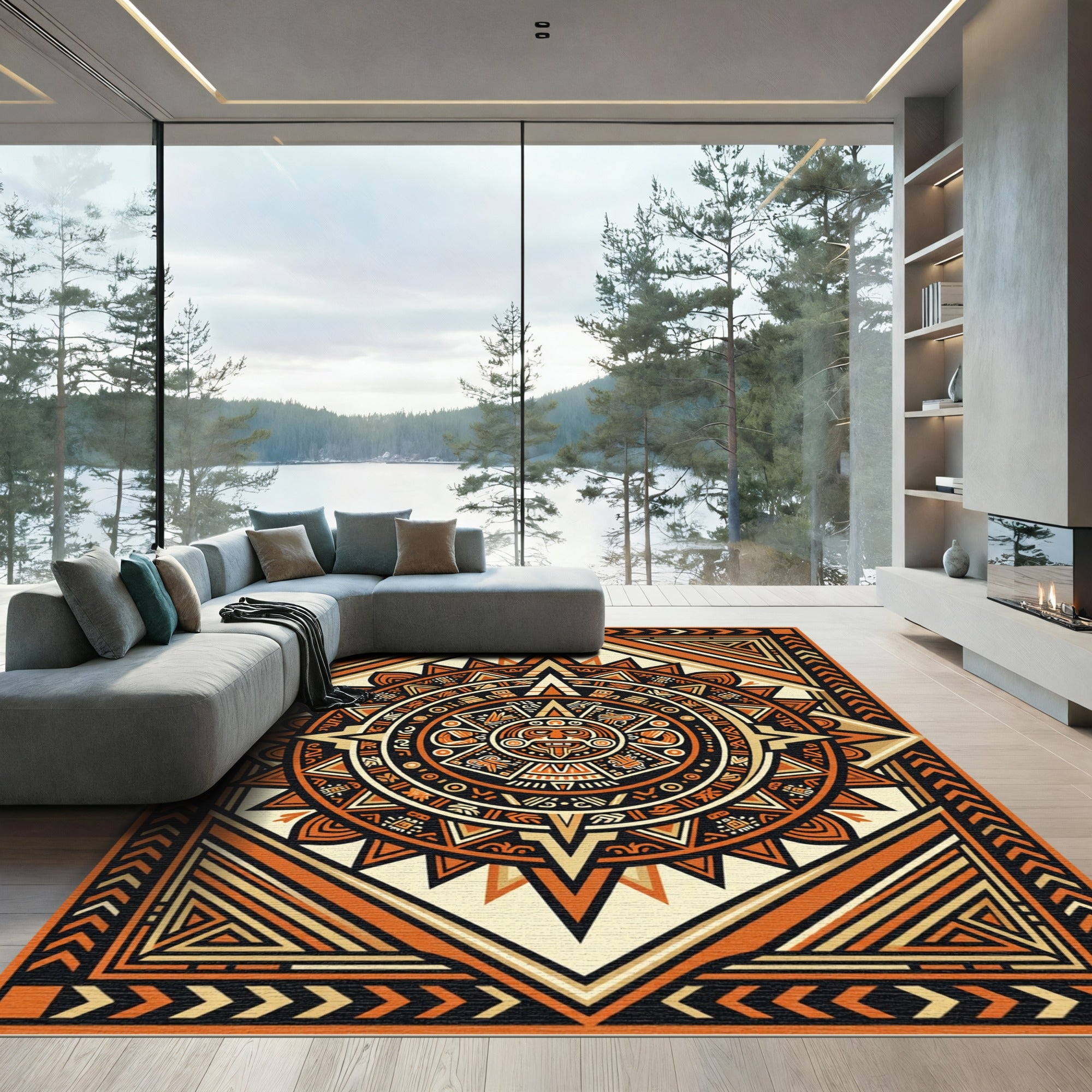 Aztec Sun Burnt Orange Geometric Medallion Rug