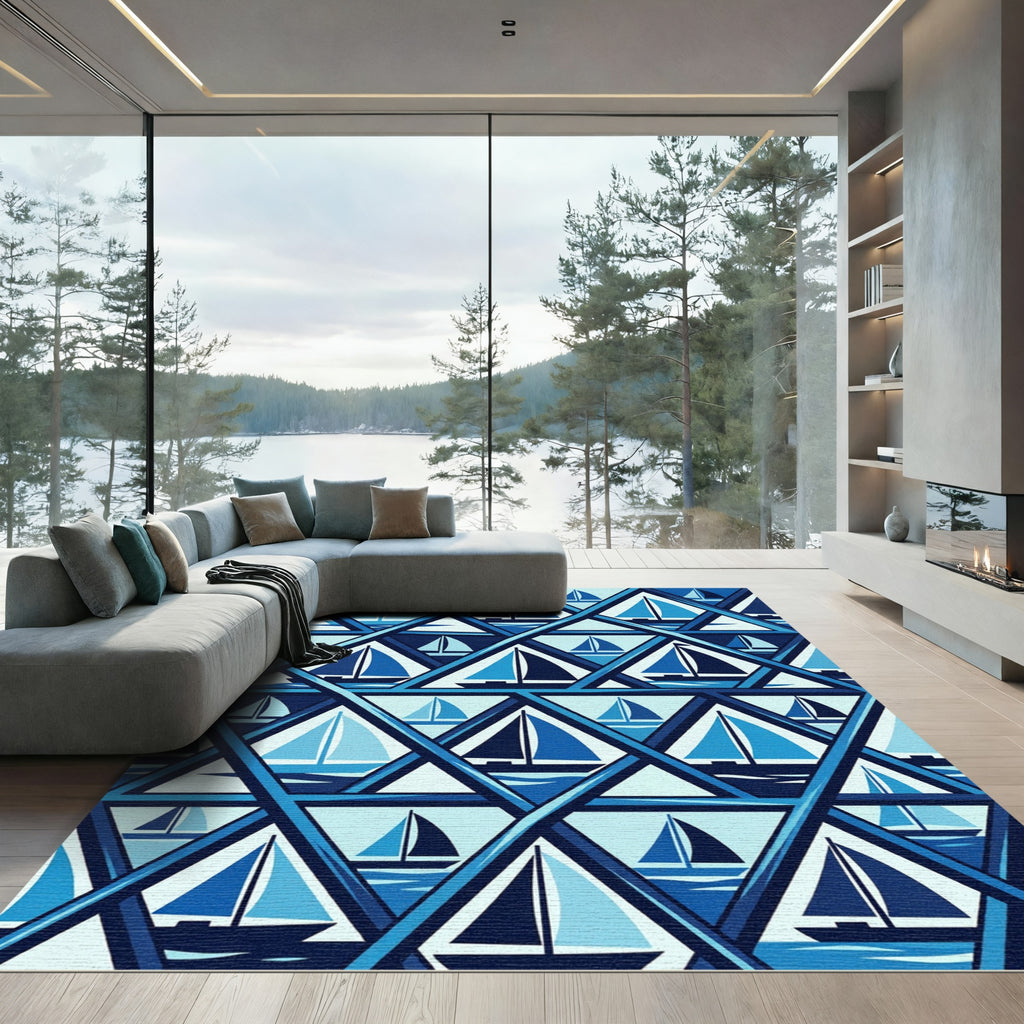 Geometric Blue Sailboat Triangle Tile Rug