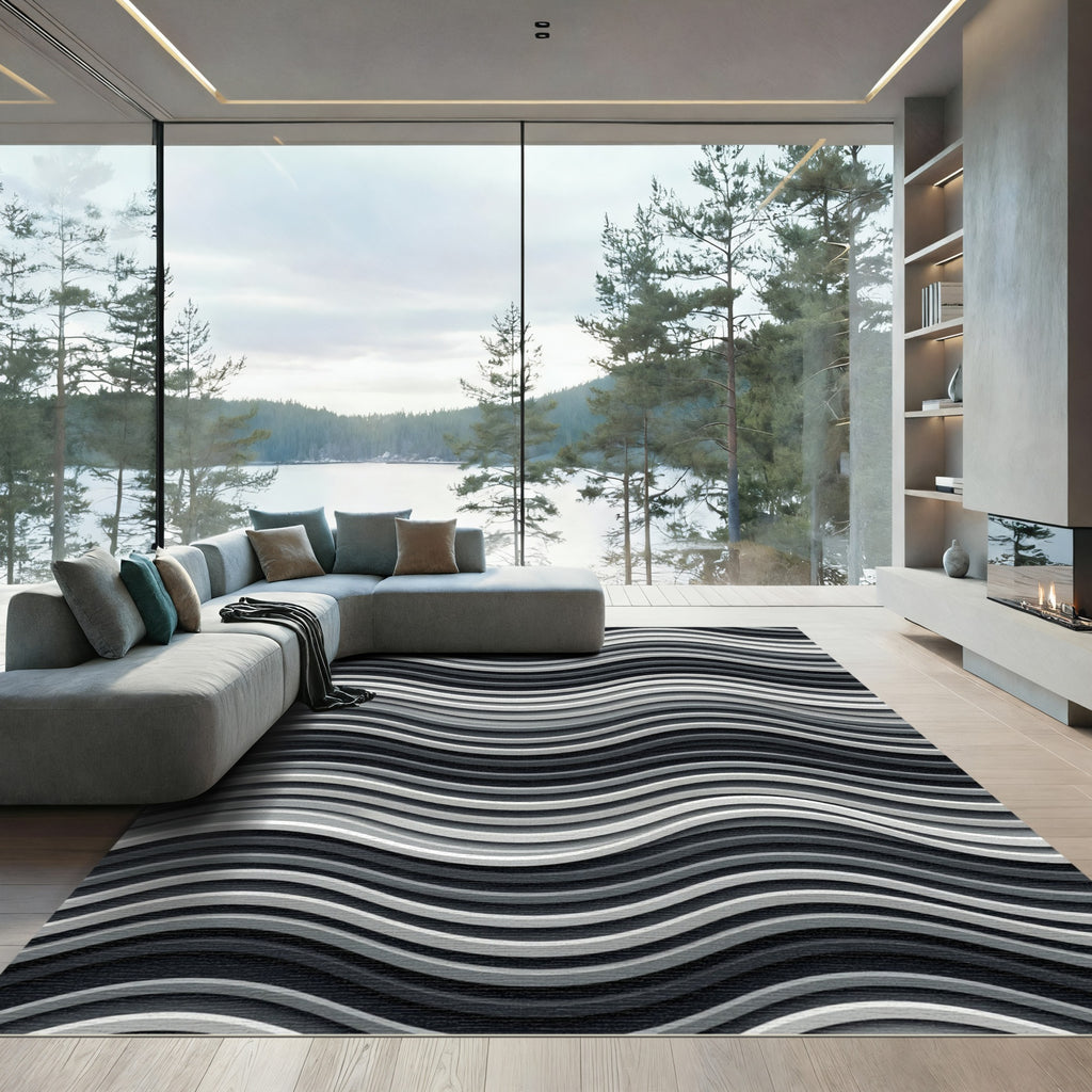 Monochromatic Gray Wavy Linear Illusion Rug