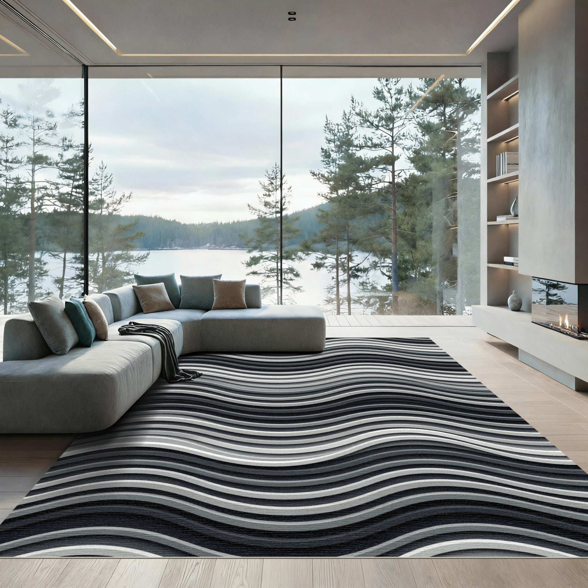 Monochromatic Gray Wavy Linear Illusion Rug