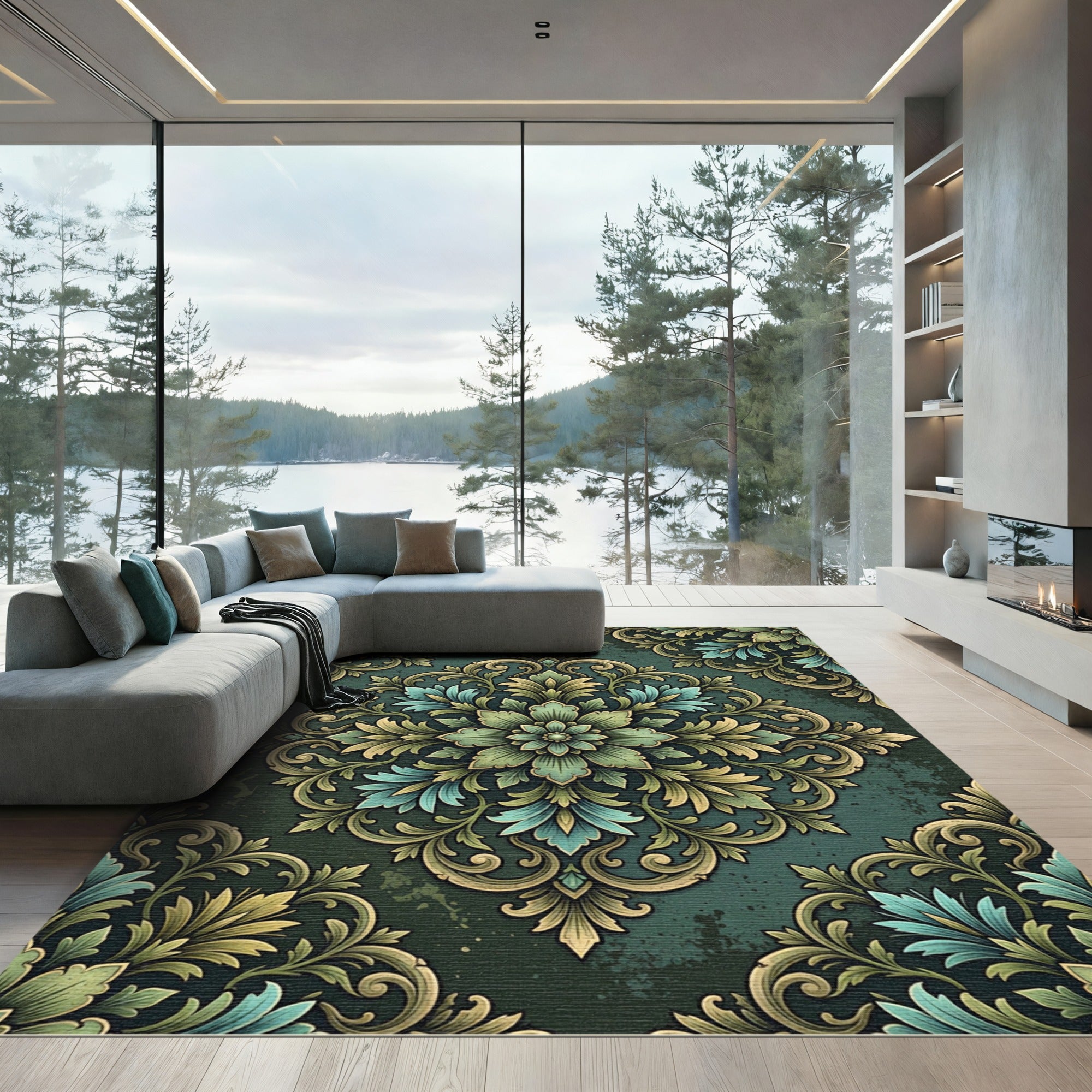 Emerald Teal Floral Medallion Rug