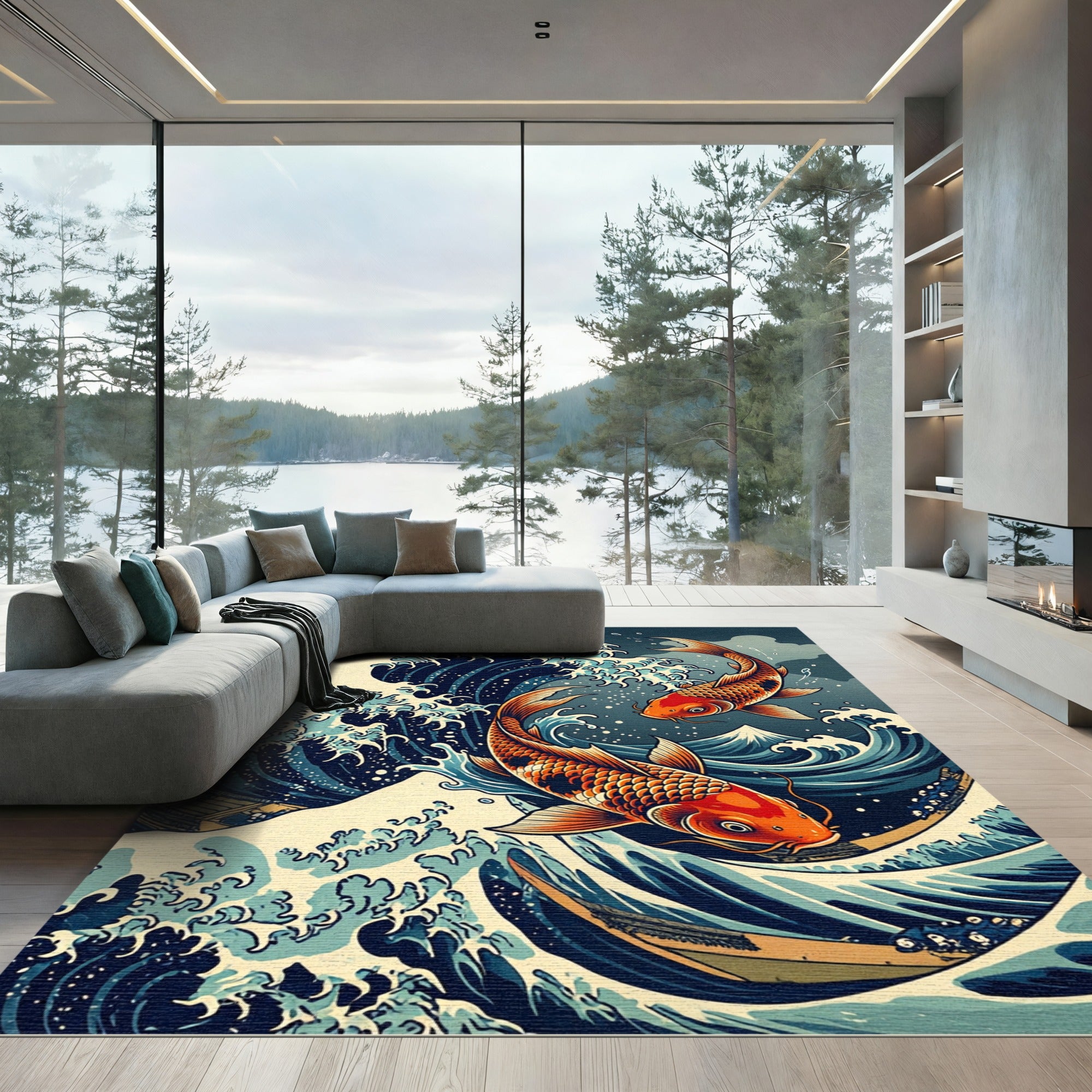 Great Wave Imperial Koi Carp Art Rug