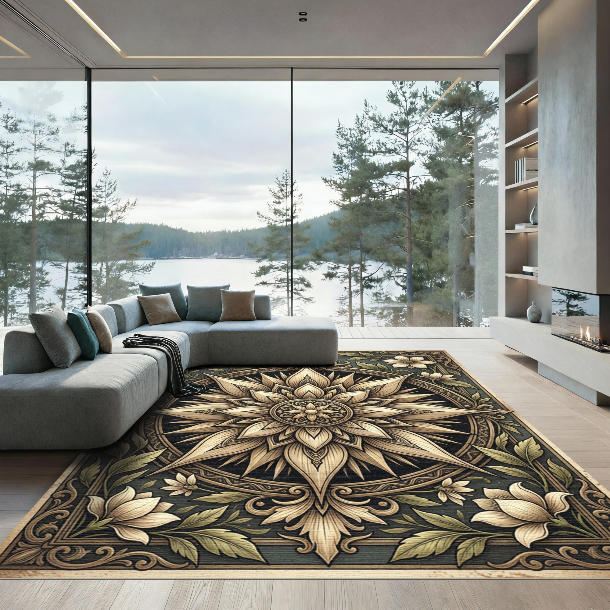 Golden Floral Medallion Leaf Frame Rug