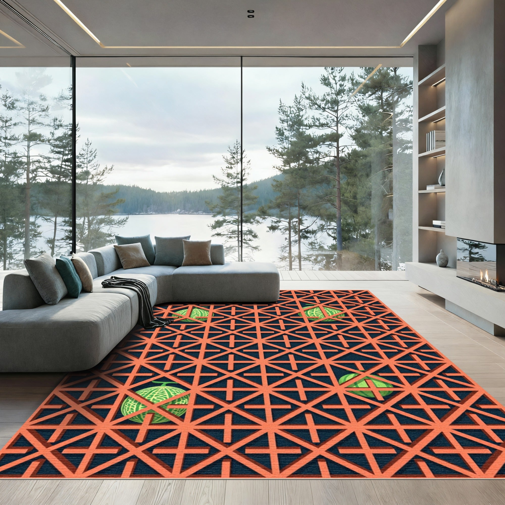 Geometric Terracotta Melon Lattice Grid Rug