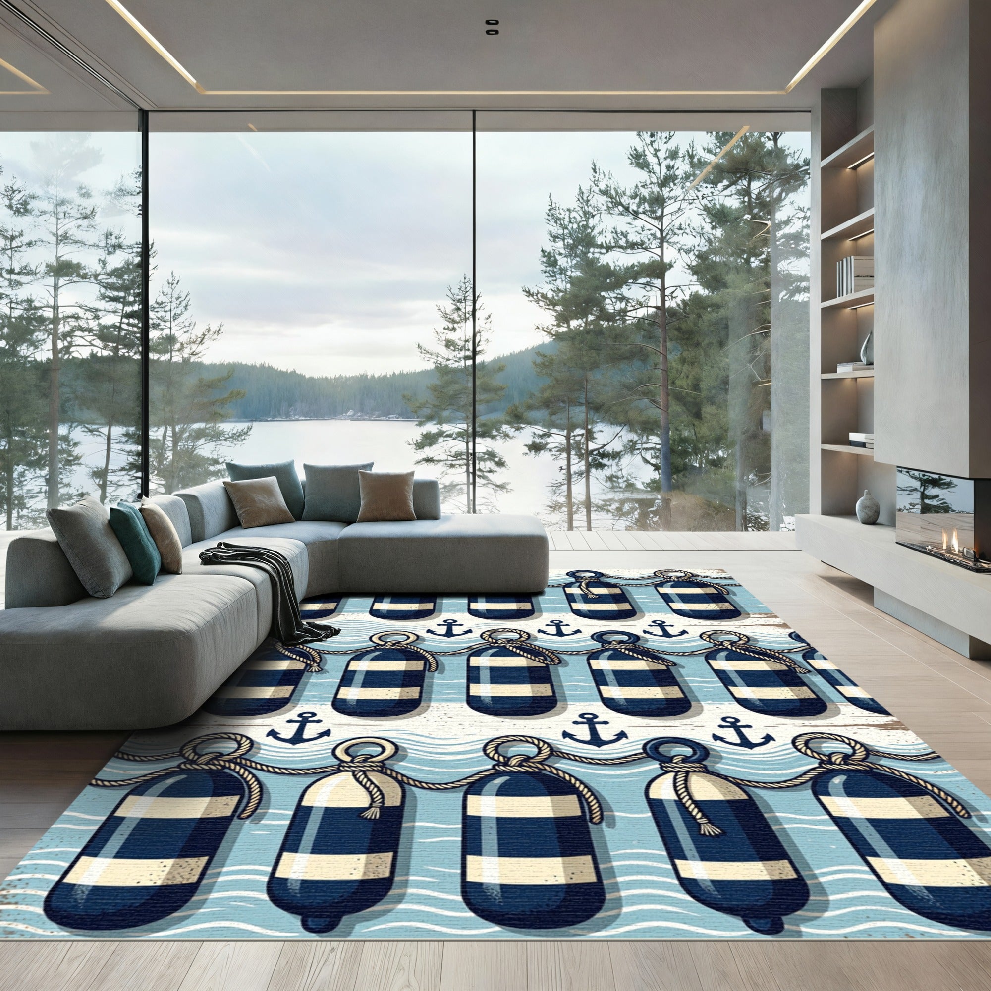 Nautical Blue Anchor Striped Buoy Rug