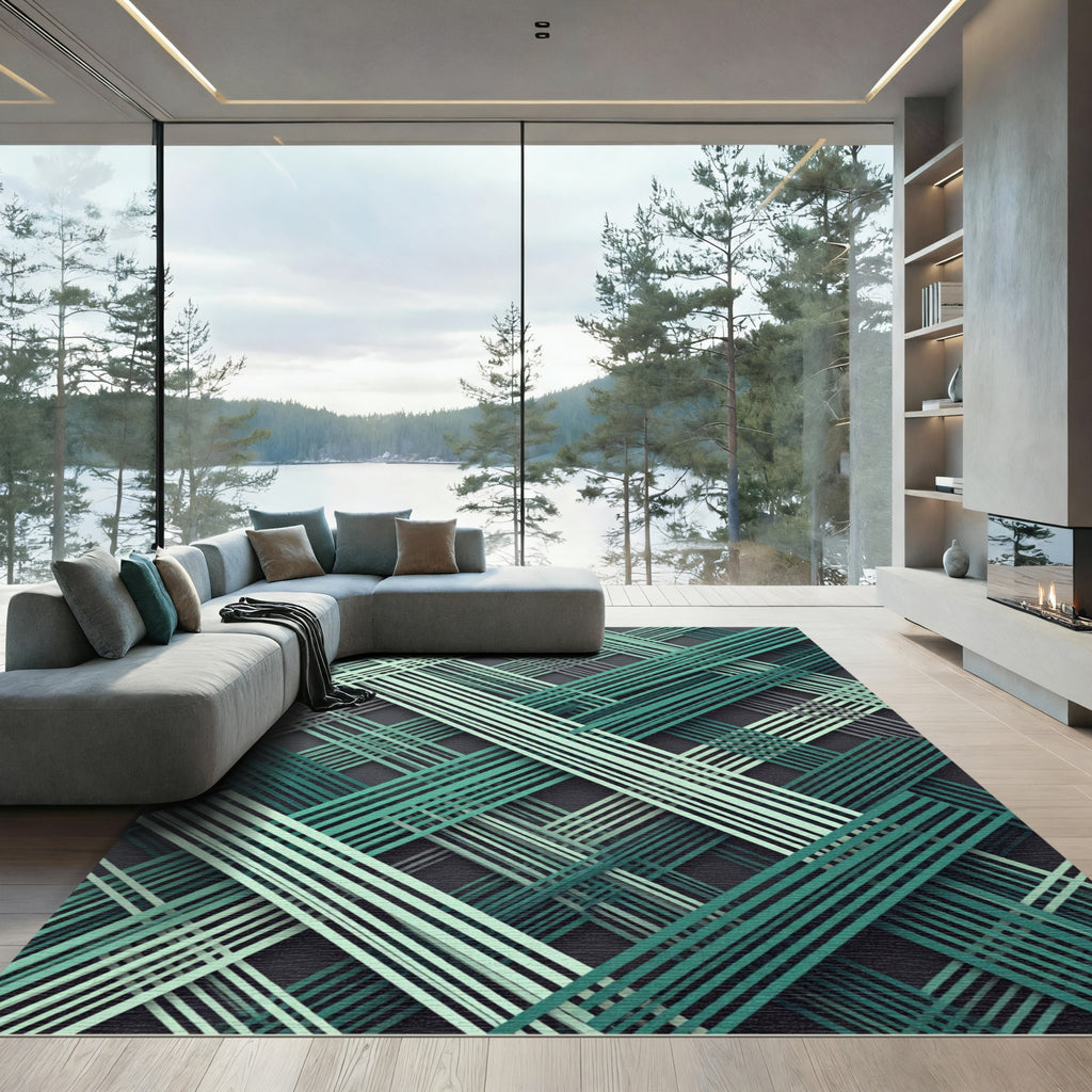 Modern Emerald Intersecting Line Grid Rug