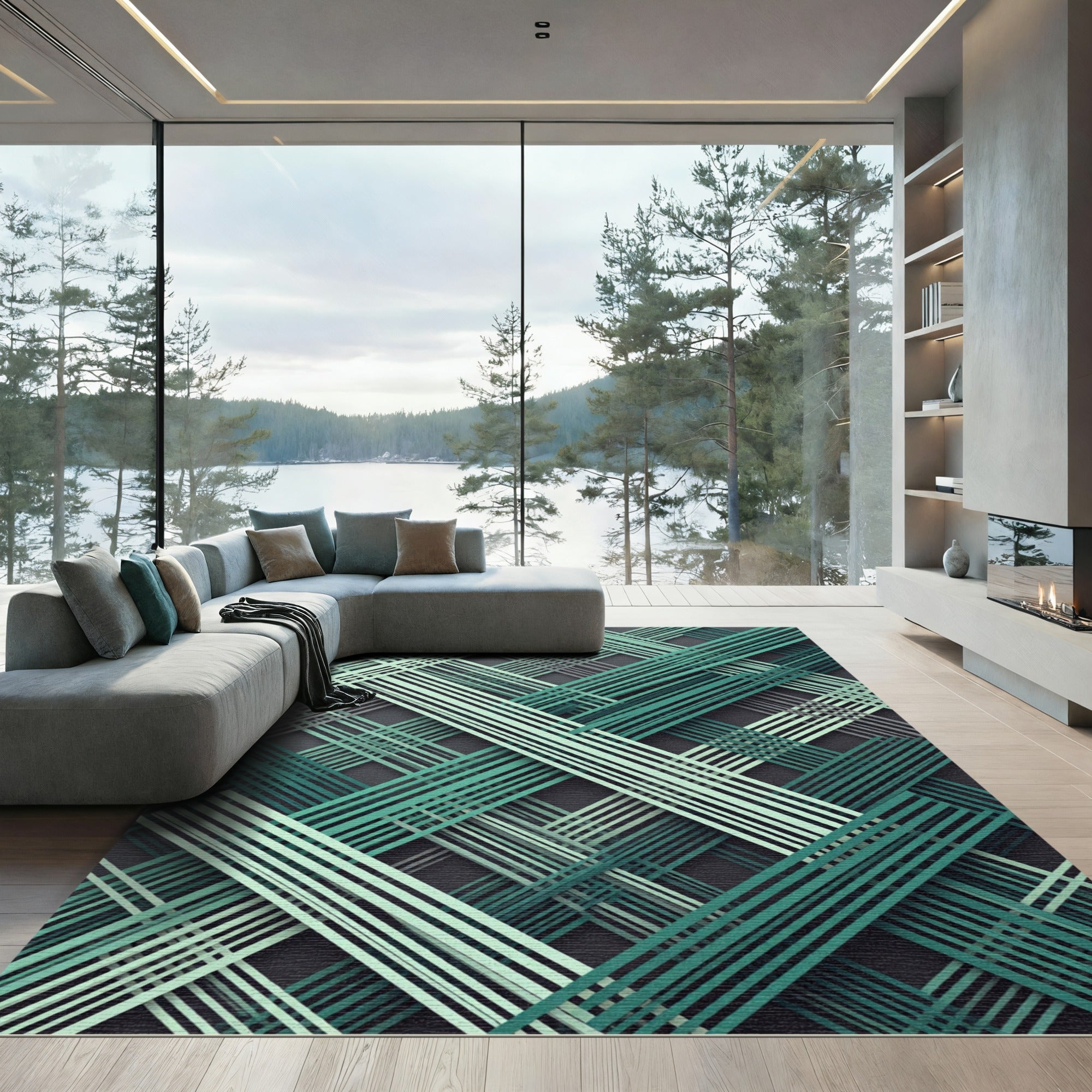 Modern Emerald Intersecting Line Grid Rug