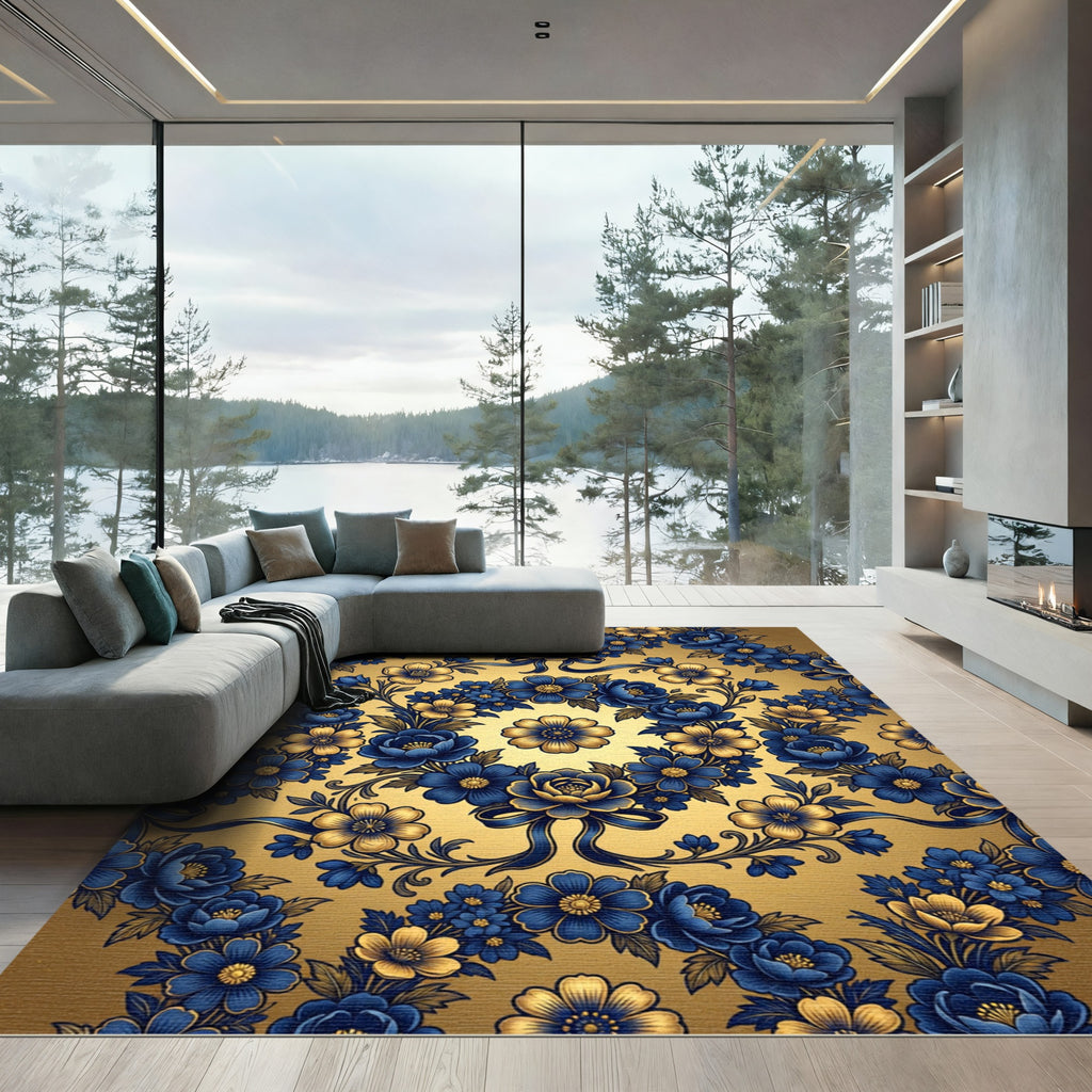 Golden Navy Floral Medallion Bloom Rug