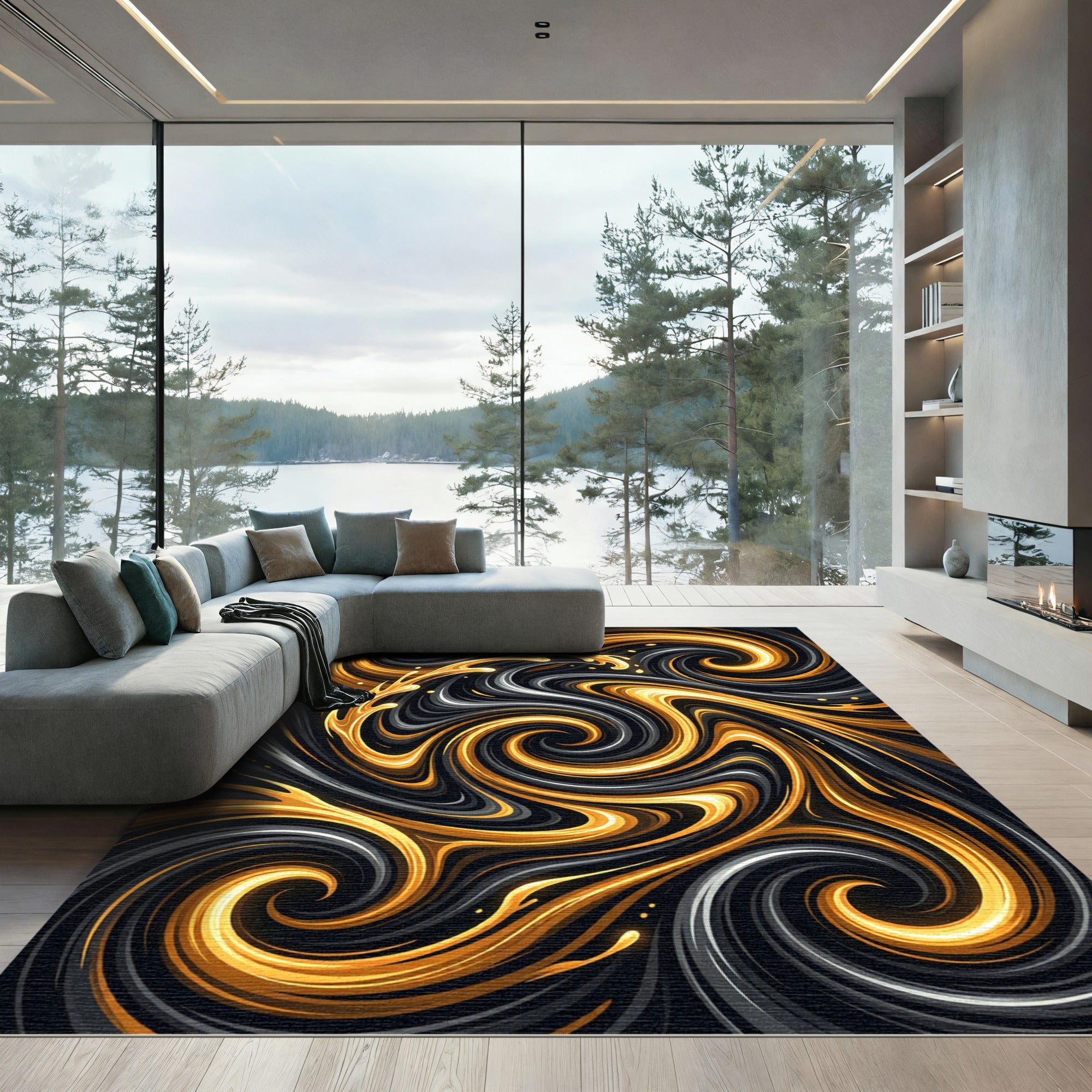 Golden Swirl Abstract Liquid Marble Rug