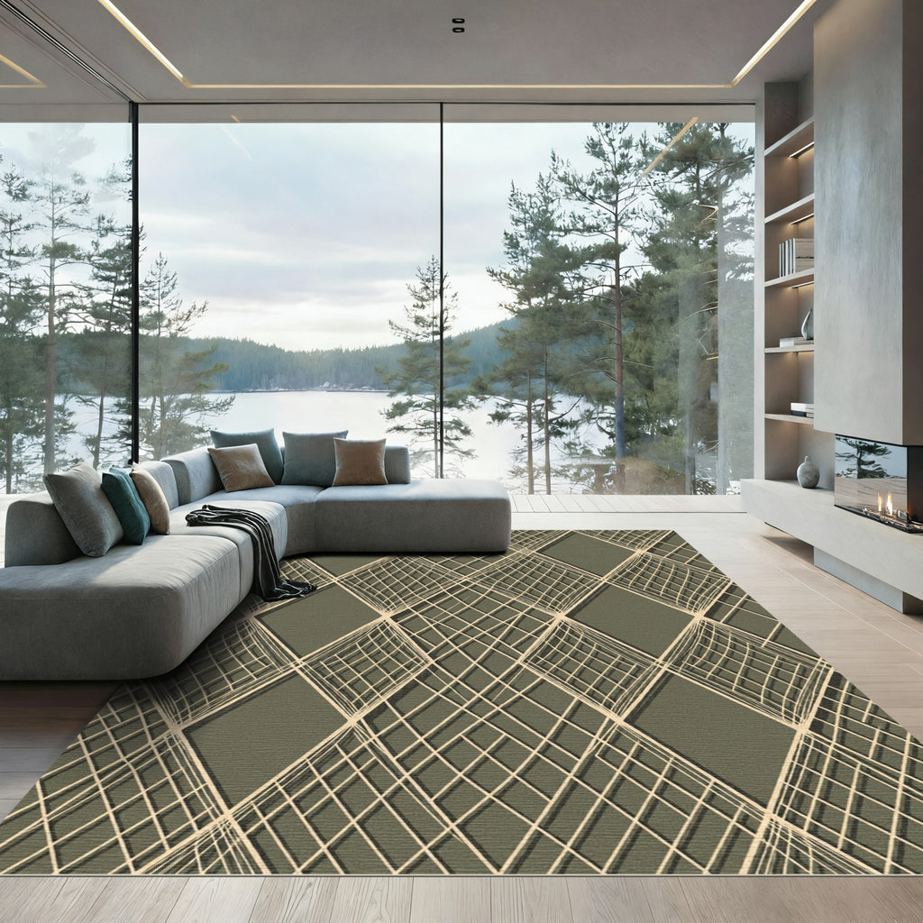 Olive Green Intersecting Geometric Diamond Grid Rug