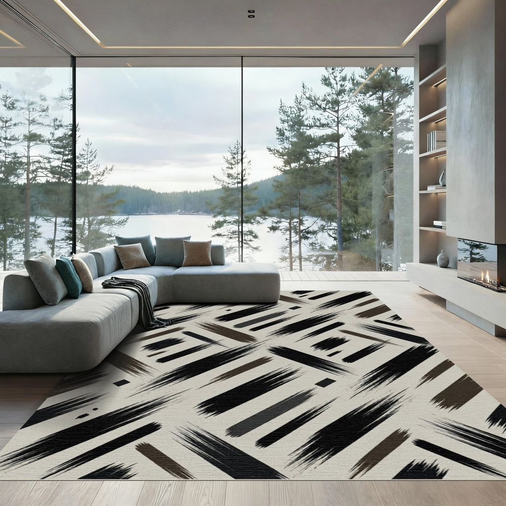 Modern Abstract Monochrome Charcoal Diagonal Stripe Rug
