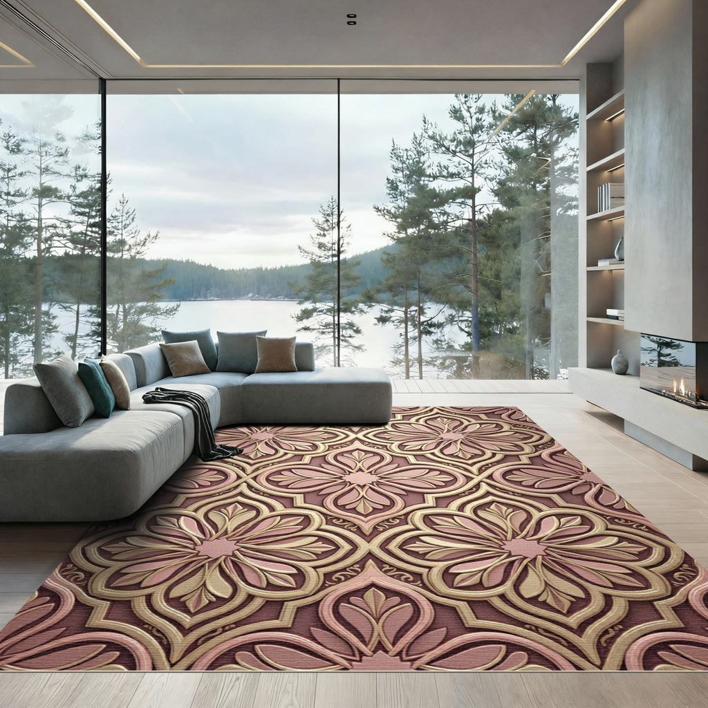 Elegant Pink Gold Floral Arabesque Rug