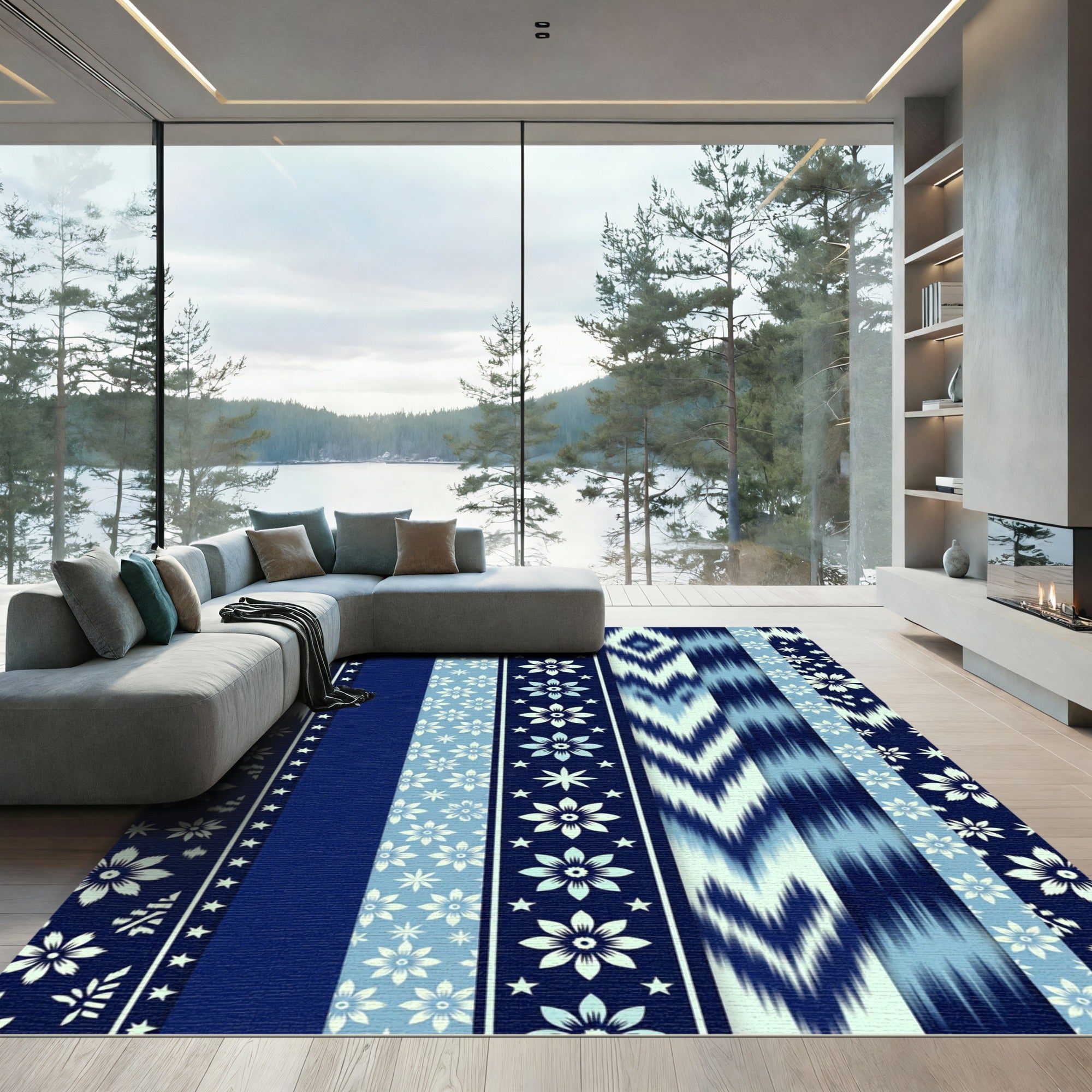 Striped Navy Blue Floral Starburst Rug