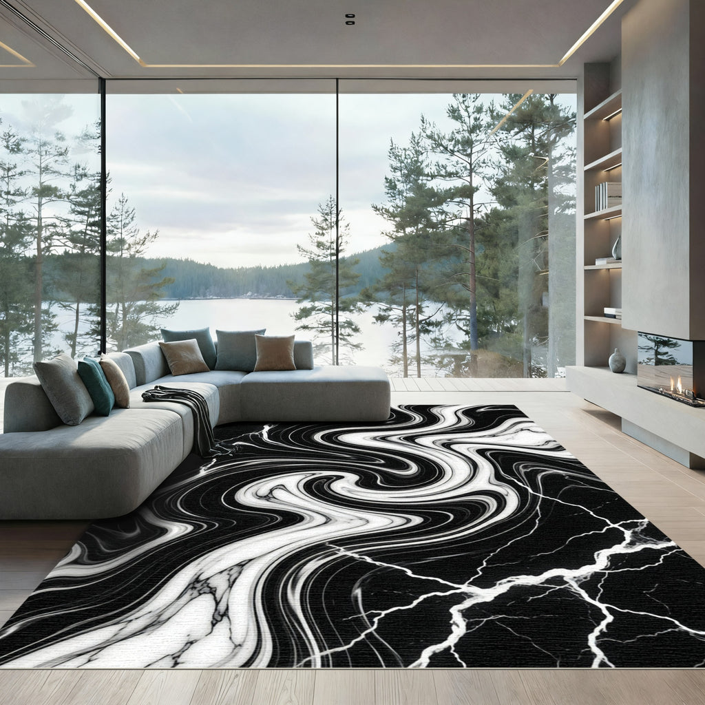 Monochrome Marble Swirl Abstract Wave Rug