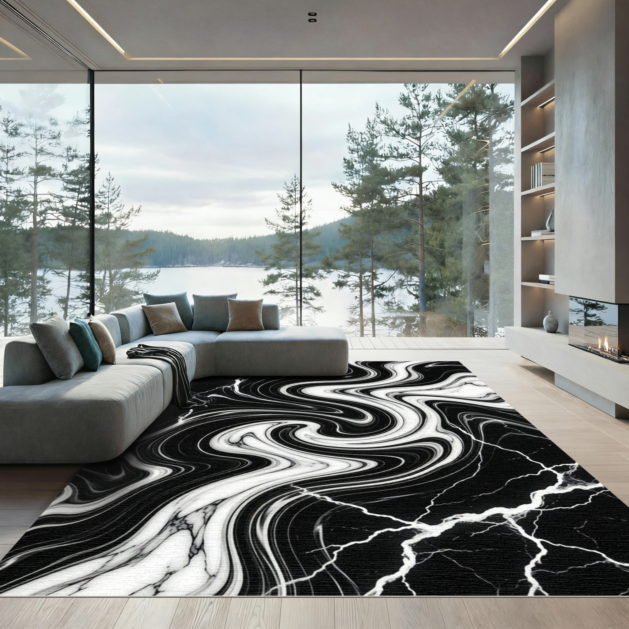 Monochrome Marble Swirl Abstract Wave Rug
