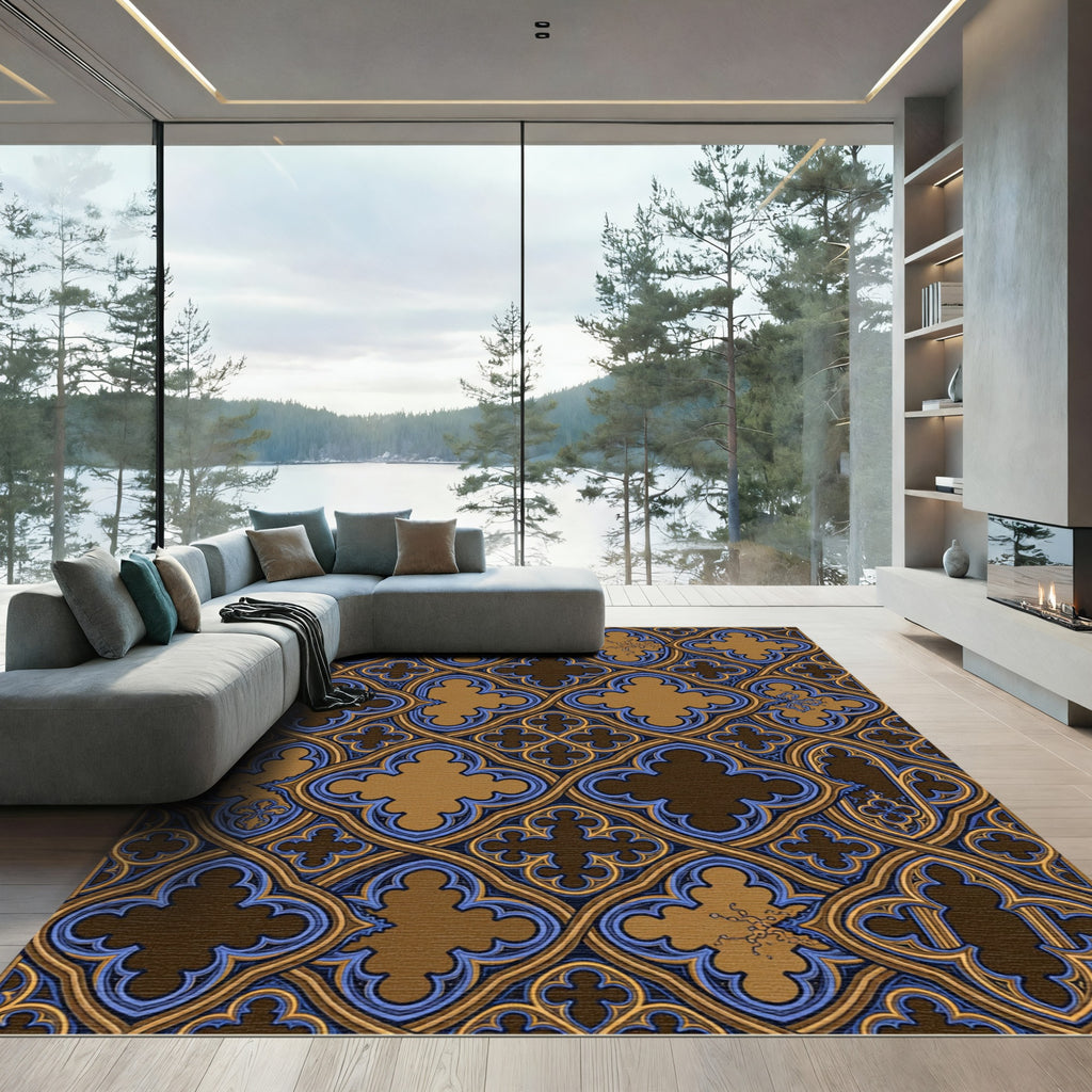 Gothic Blue and Gold Quatrefoil Lattice Rug