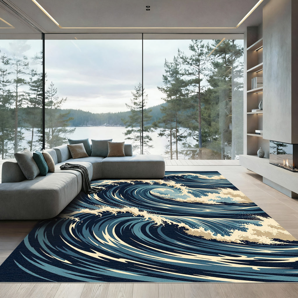 Deep Blue Ocean Swirl Wave Rug