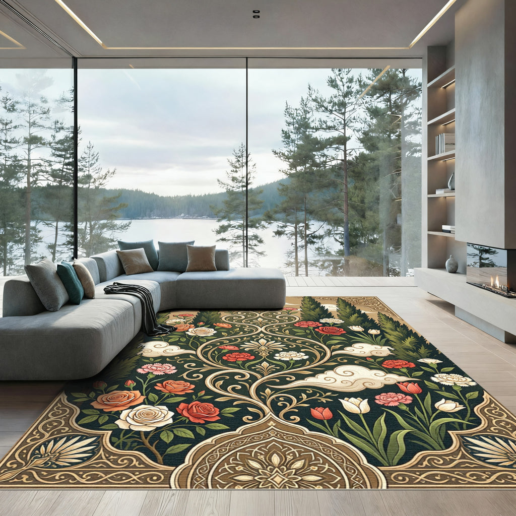 Earthy Floral Garden Cypress Medallion Rug