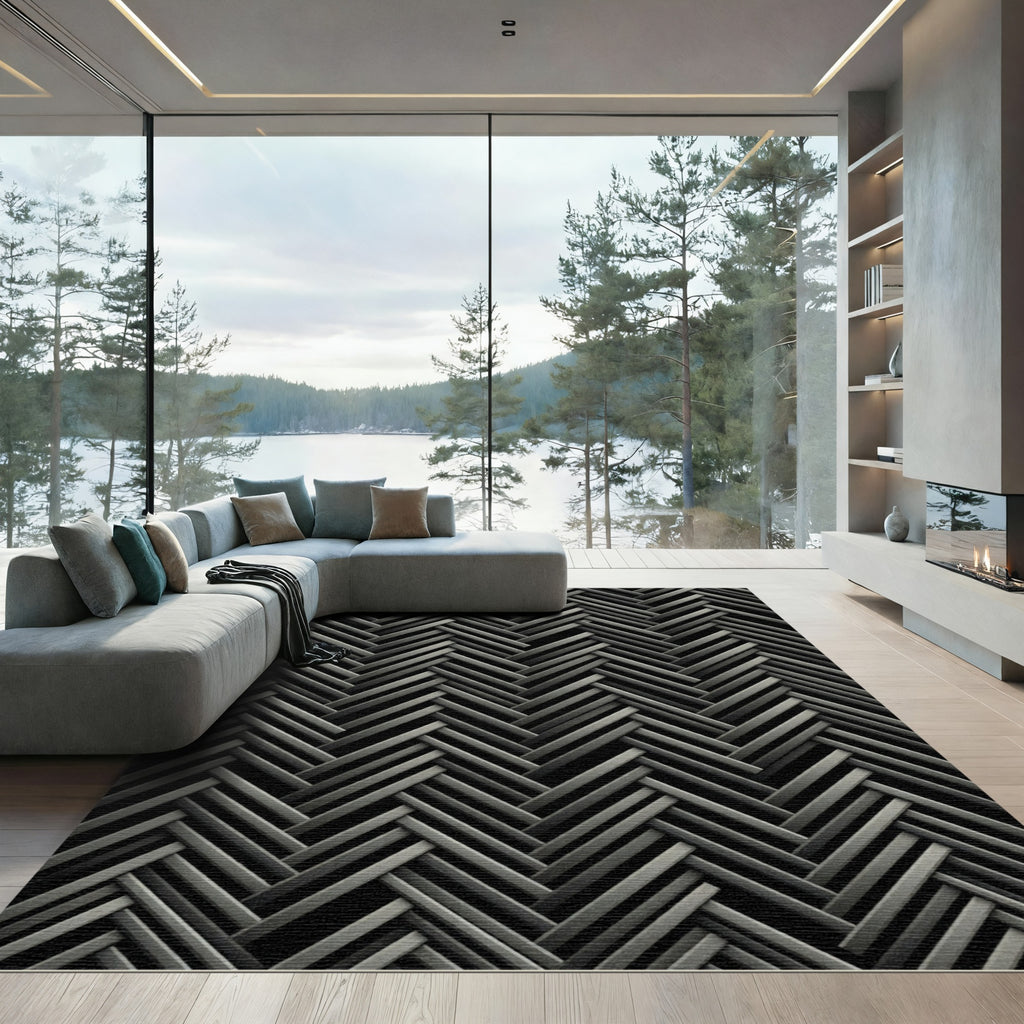 Charcoal Herringbone Weave Geometric Texture Rug