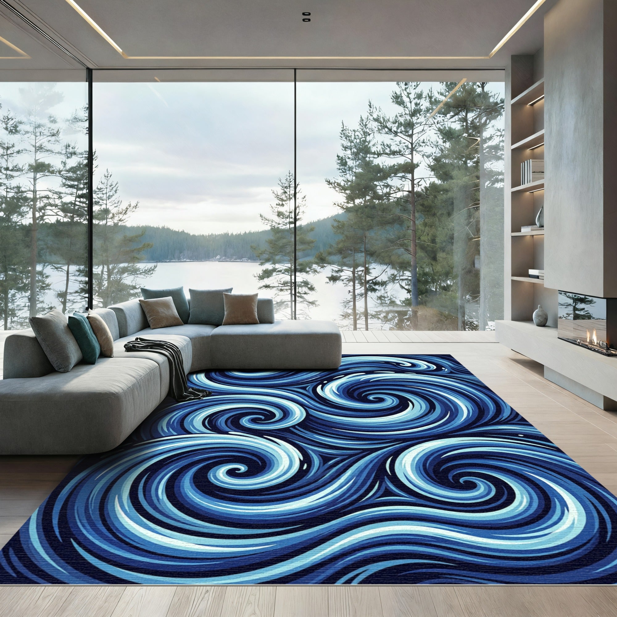 Blue Swirling Abstract Ocean Wave Rug