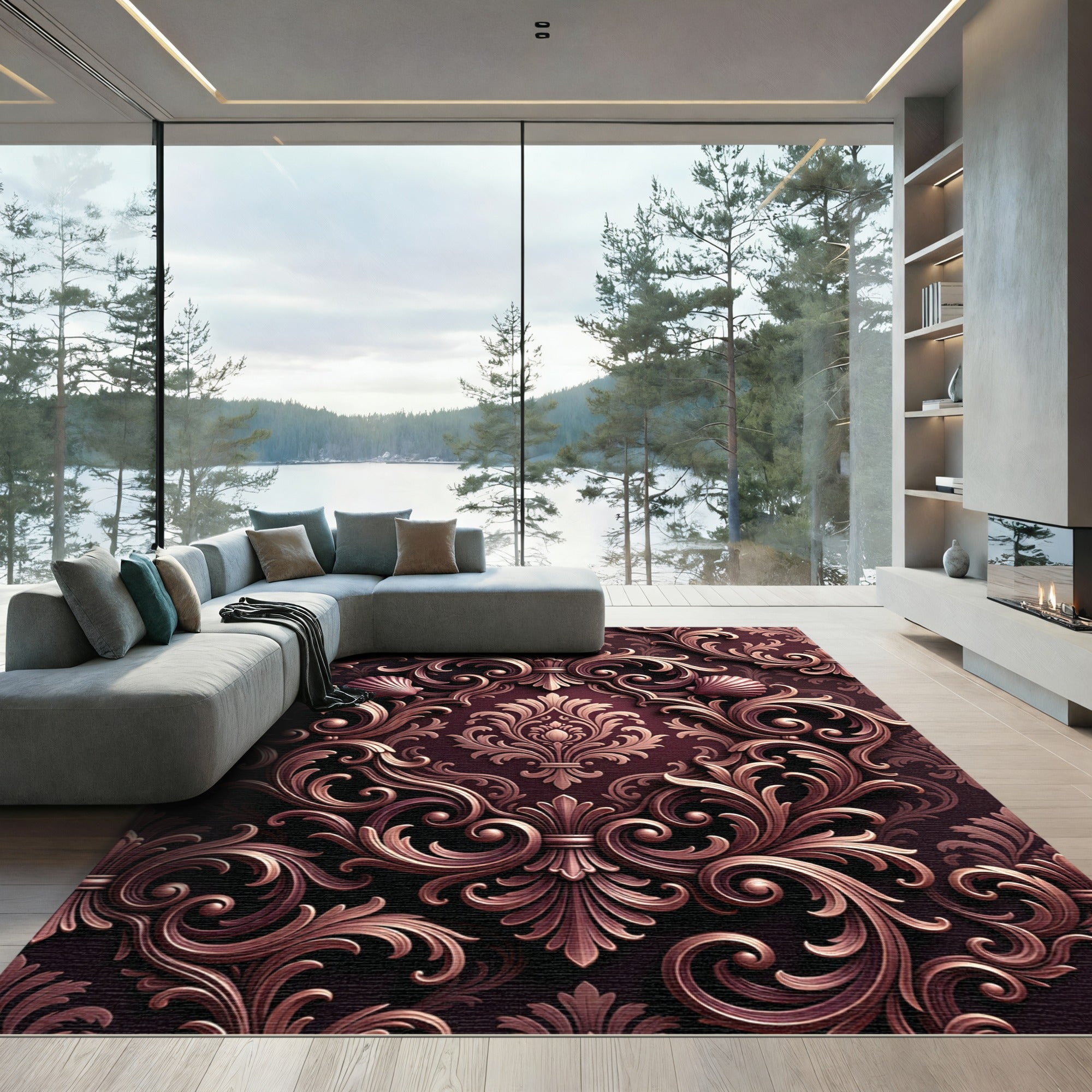 Ornate Damask Scroll Shell Burgundy Rug
