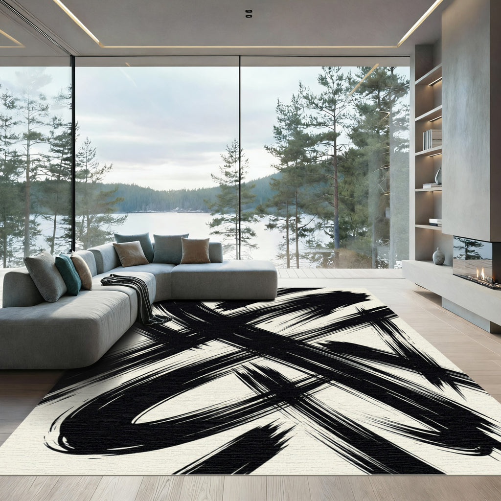 Abstract Black Ink Brushstroke Stripe Rug