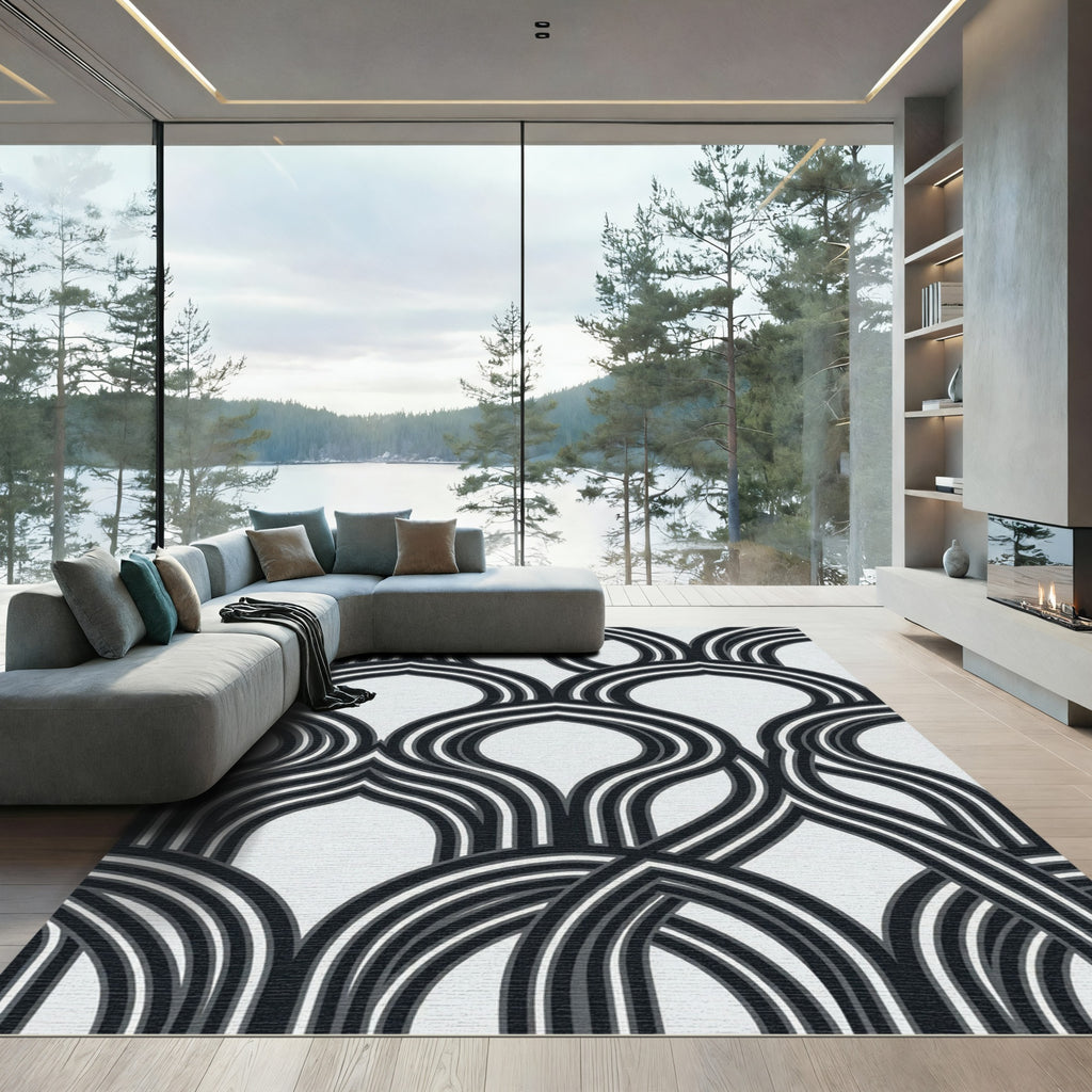 Monochrome Curved Arc Geometric Area Rug