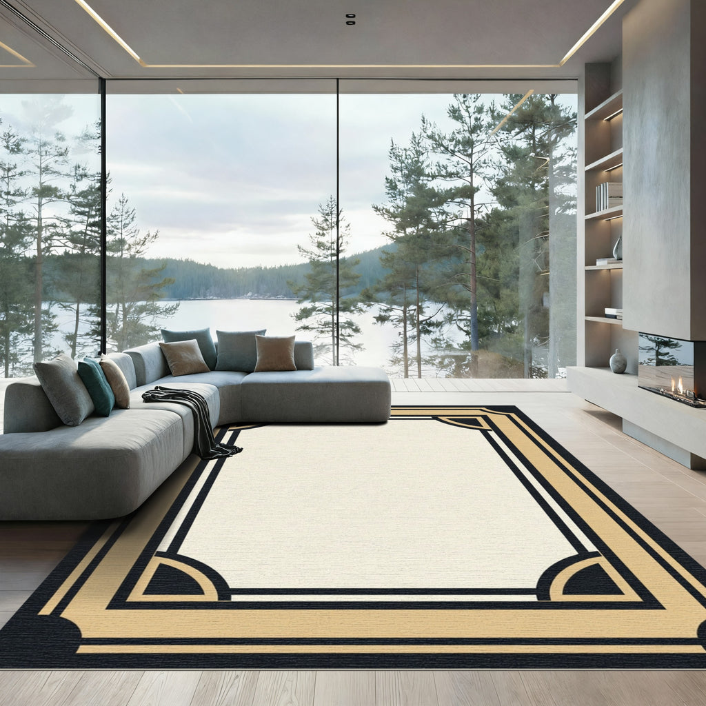 Art Deco Black Gold Geometric Frame Rug