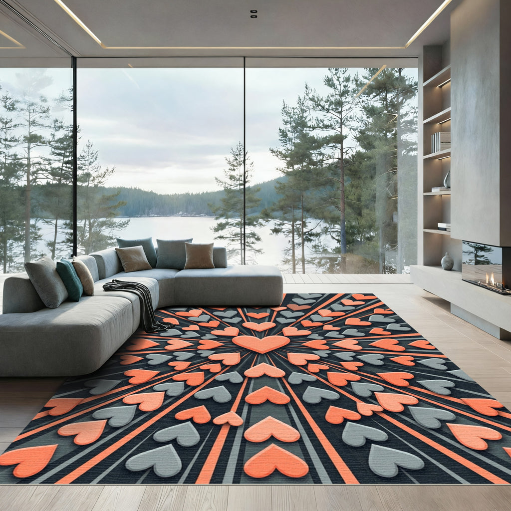 Geometric Peach and Gray Heart Radial Rug
