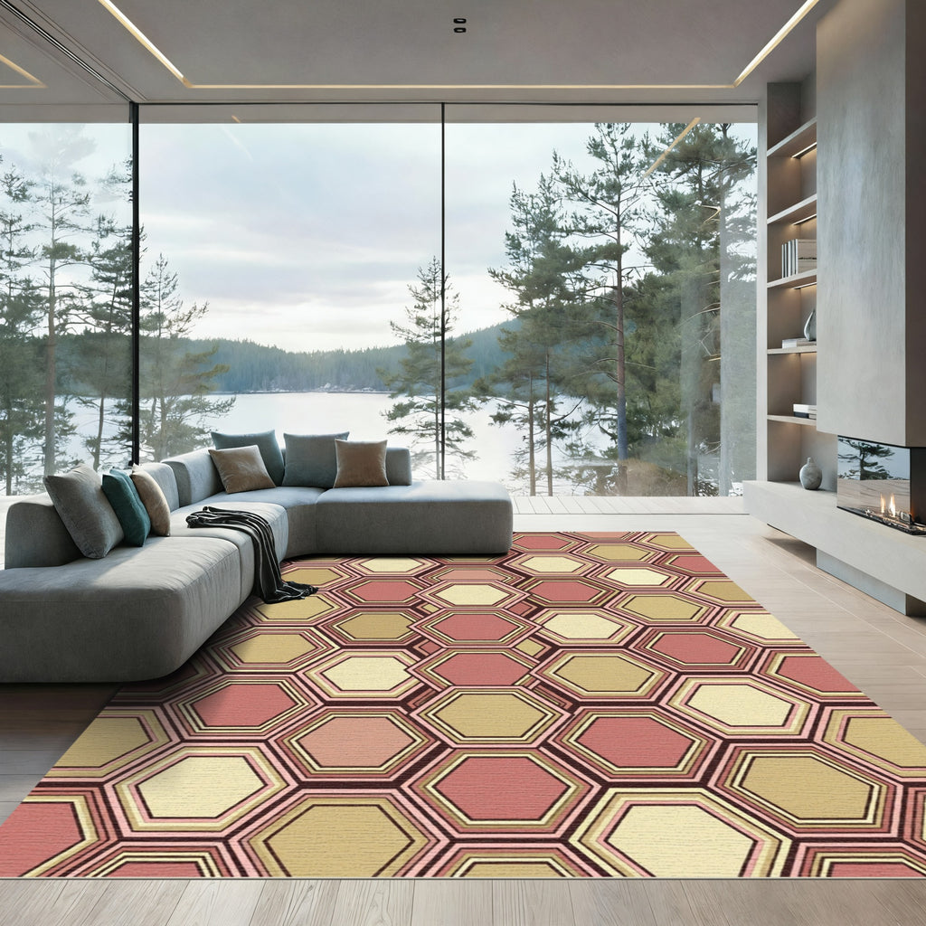 Mid-Century Terracotta Honeycomb Geometric Rug