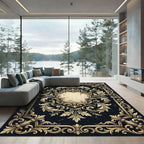 Ornate Gold Filigree Scroll Dark Frame Rug