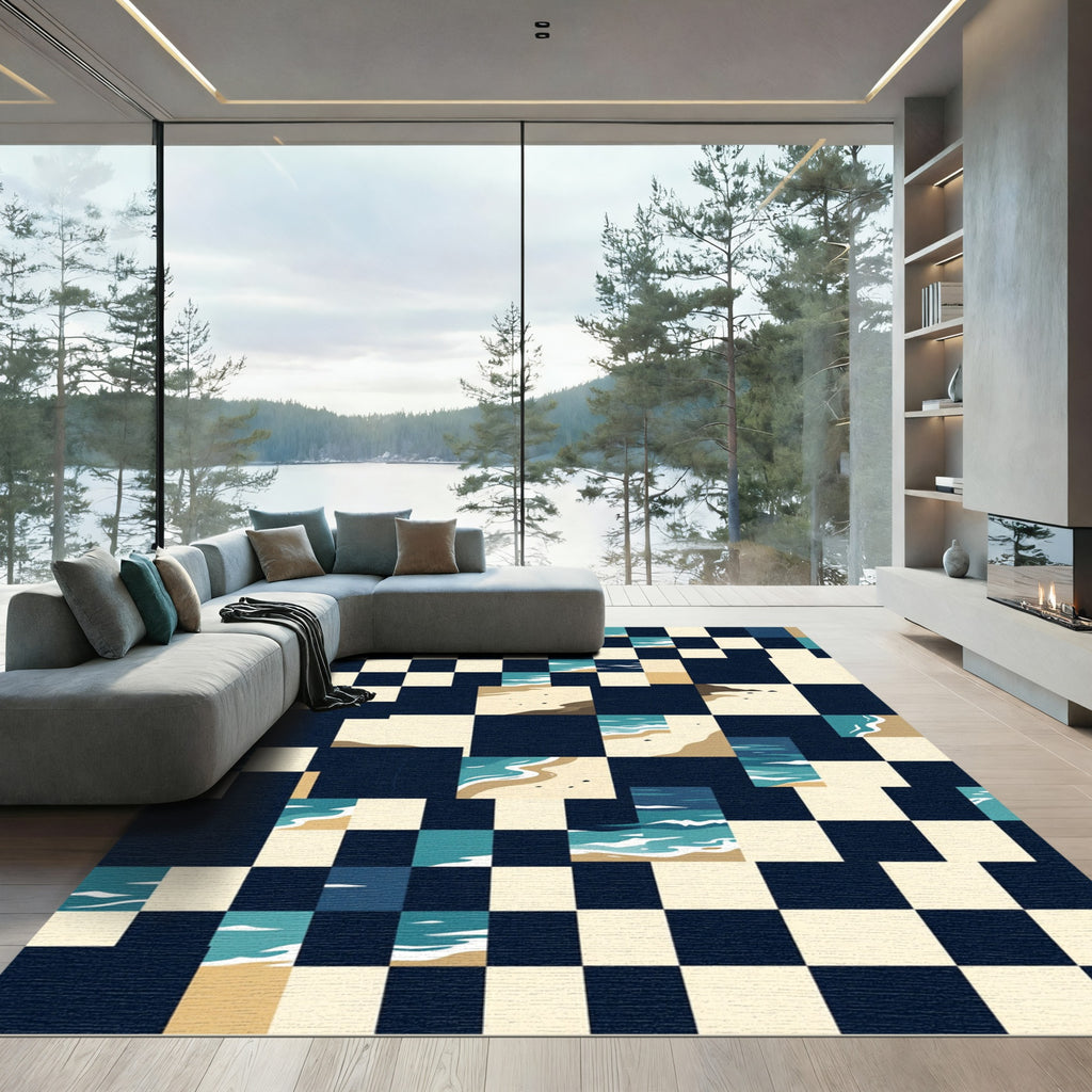 Abstract Ocean Tide Checkered Grid Rug
