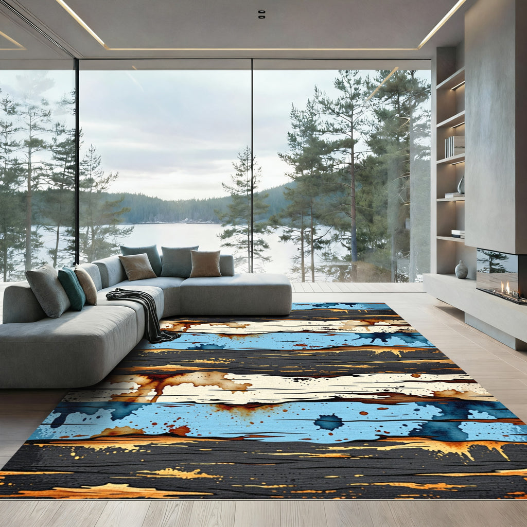 Textured Blue Wood Grain Splatter Rug